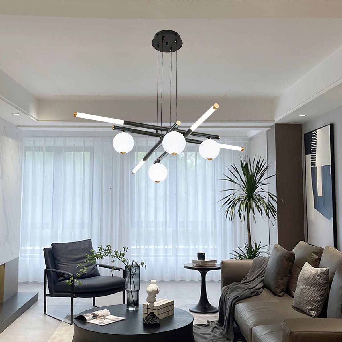 Chandelier Black White Rods and Globe Modern