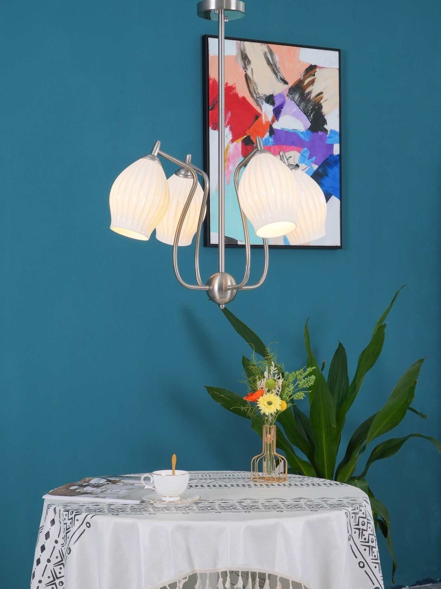 Pravin Chandelier Ceramic Ribbed Sculptural Glass Elegant
