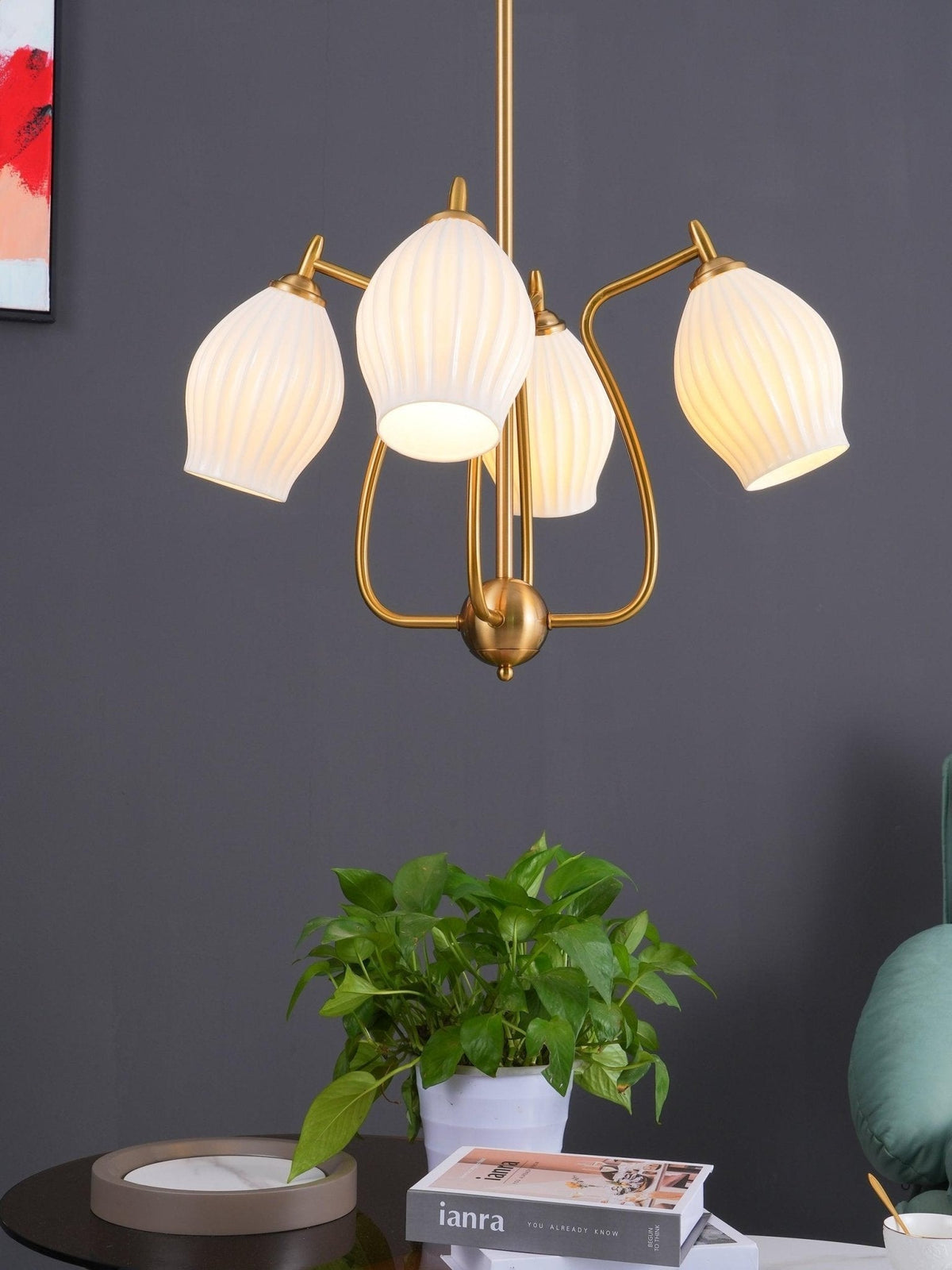 Pravin Chandelier Ceramic Ribbed Sculptural Glass Elegant