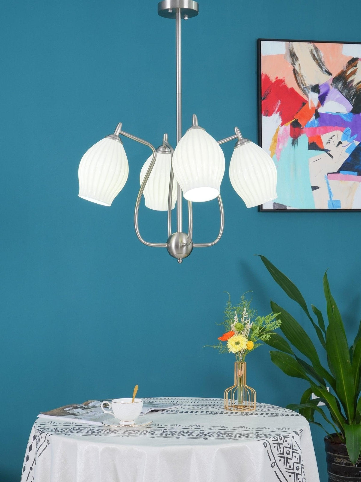 Pravin Chandelier Ceramic Ribbed Sculptural Glass Elegant