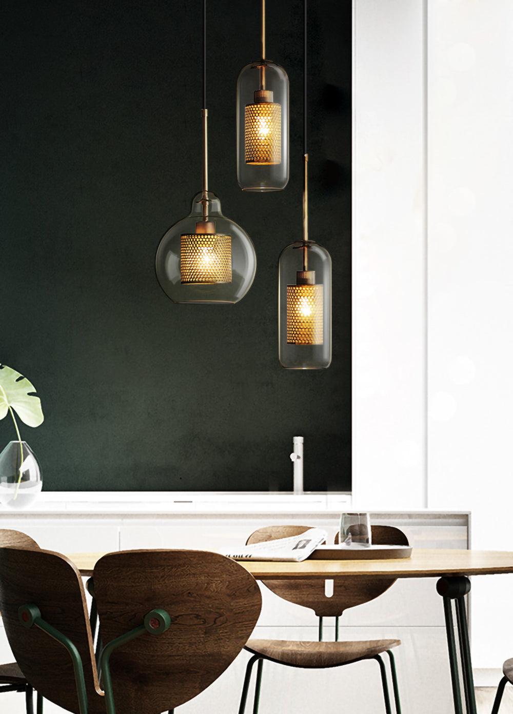 Eiruiella Pendant Lamp Glass Gold Mesh for Dining Room