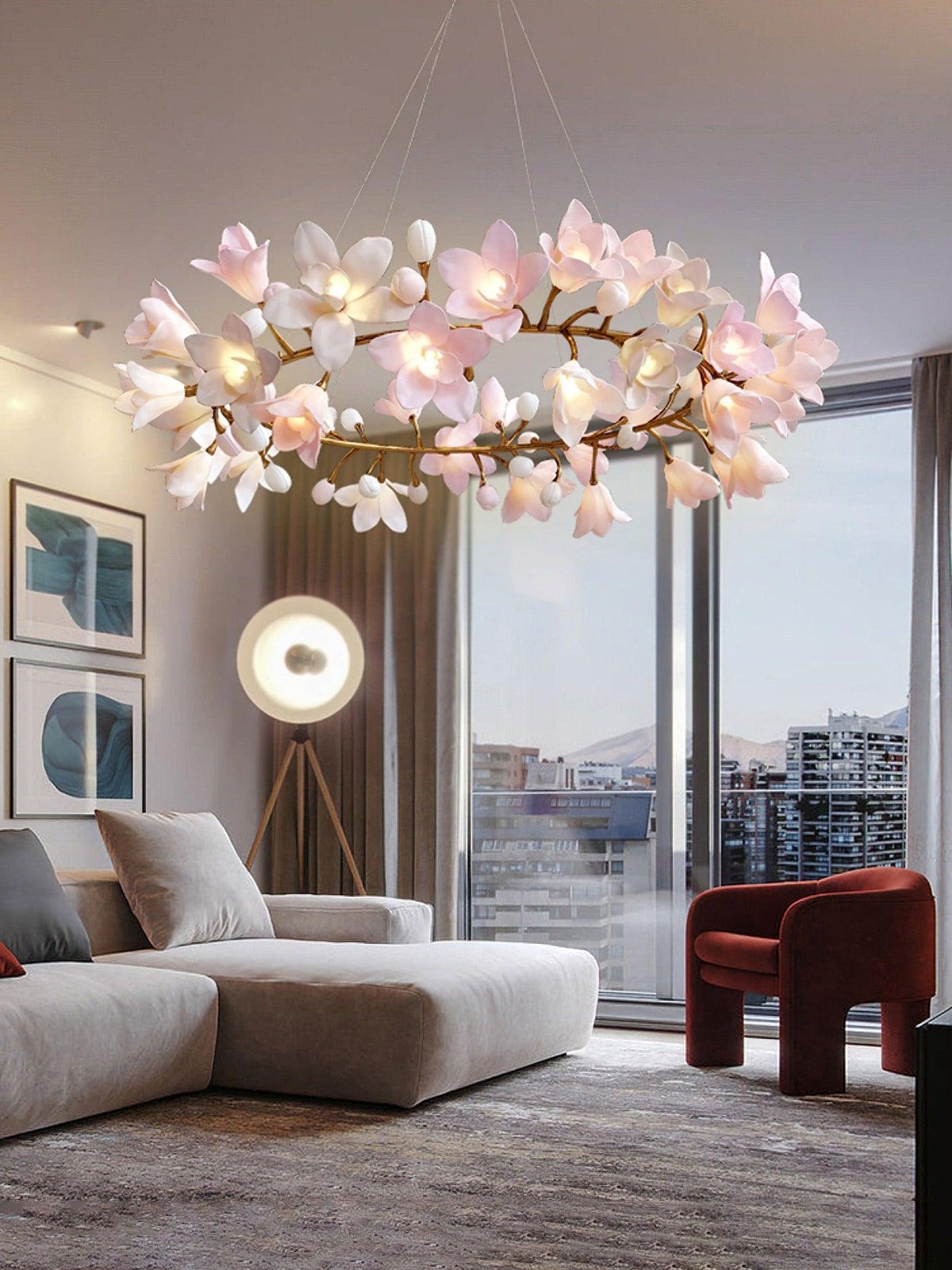 Elemu Chandelier Brass Ceramic Blossom