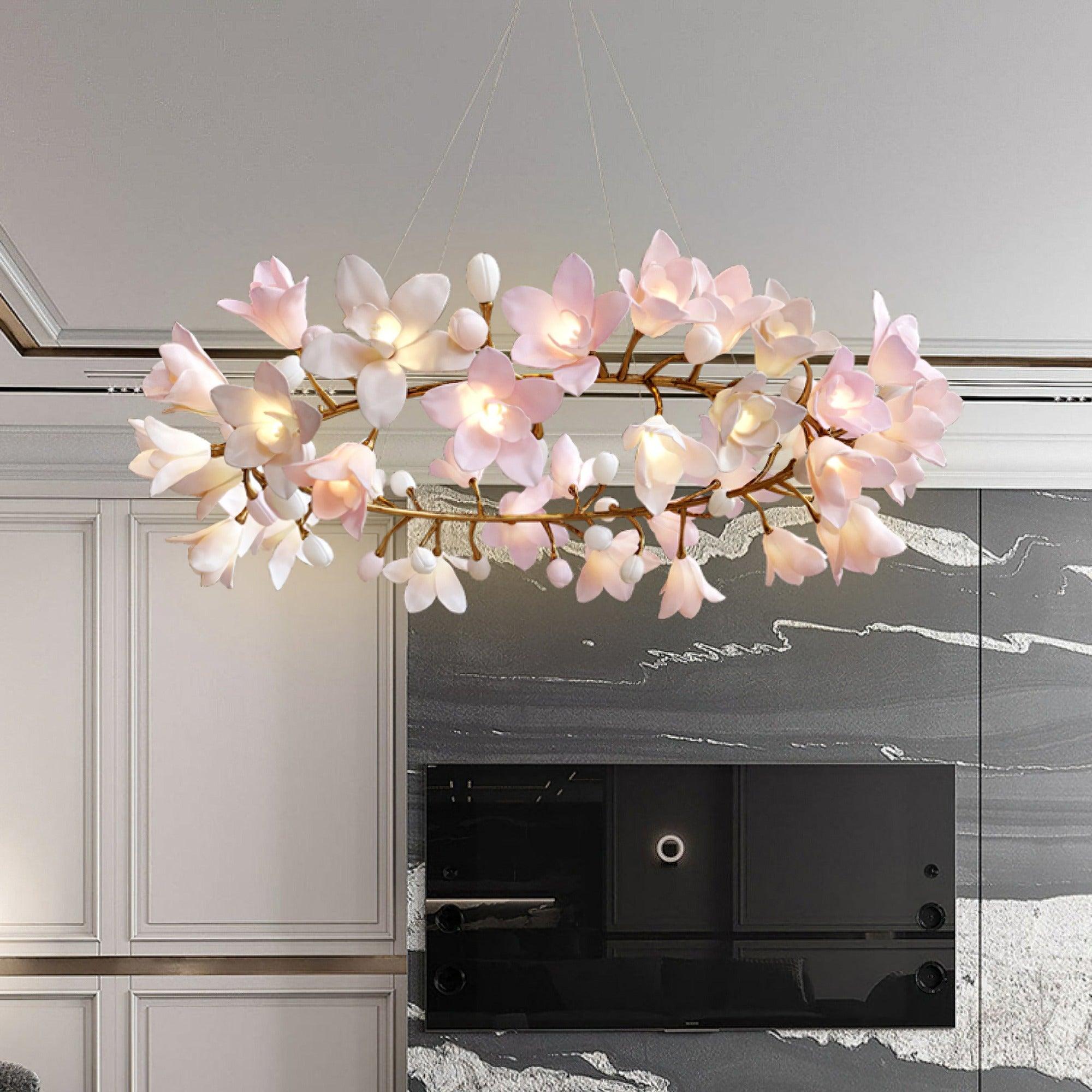 Elemu Chandelier Brass Ceramic Blossom