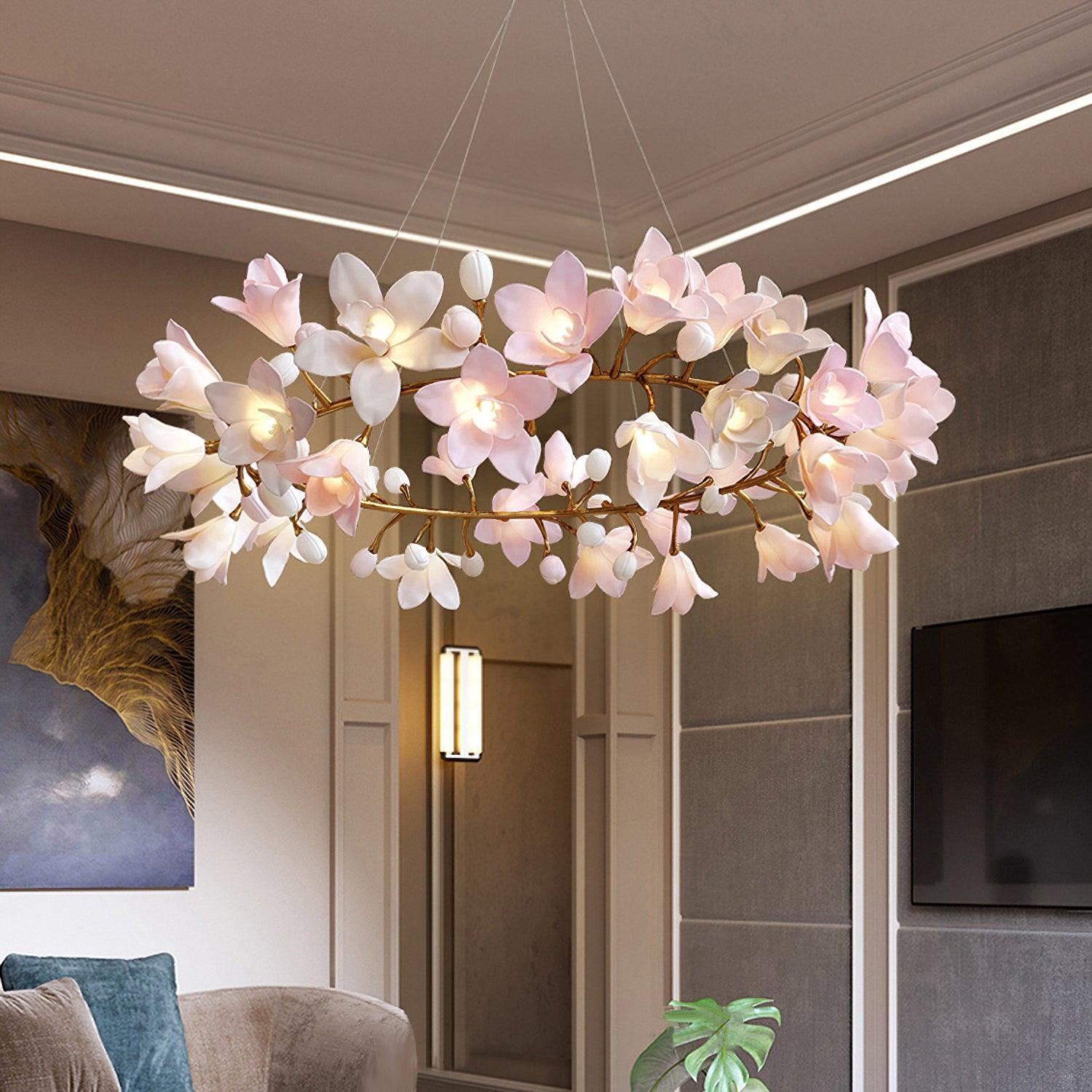 Elemu Chandelier Brass Ceramic Blossom