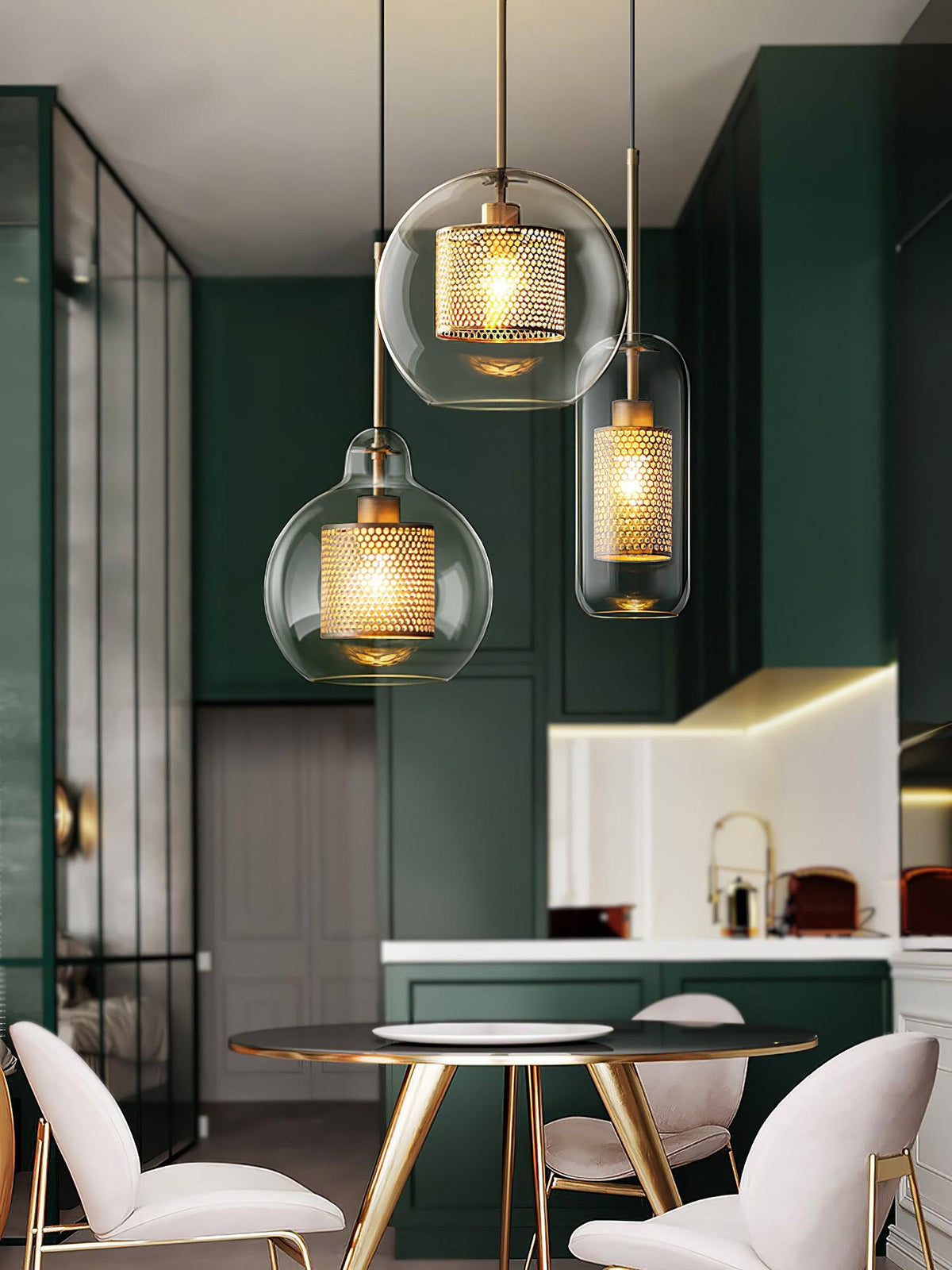 Eiruiella Pendant Lamp Glass Gold Mesh for Dining Room