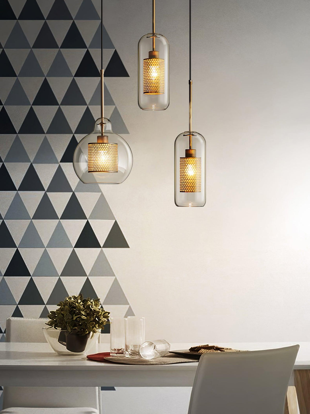 Eiruiella Pendant Lamp Glass Gold Mesh for Dining Room