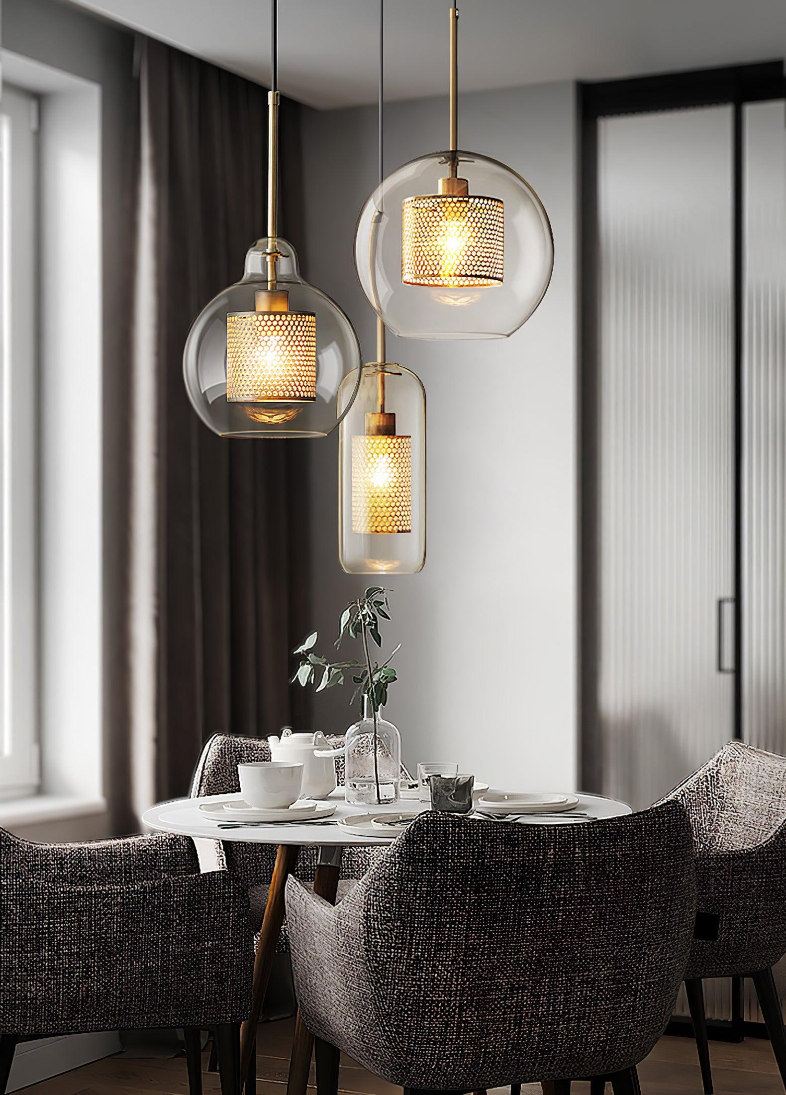 Eiruiella Pendant Lamp Glass Gold Mesh for Dining Room
