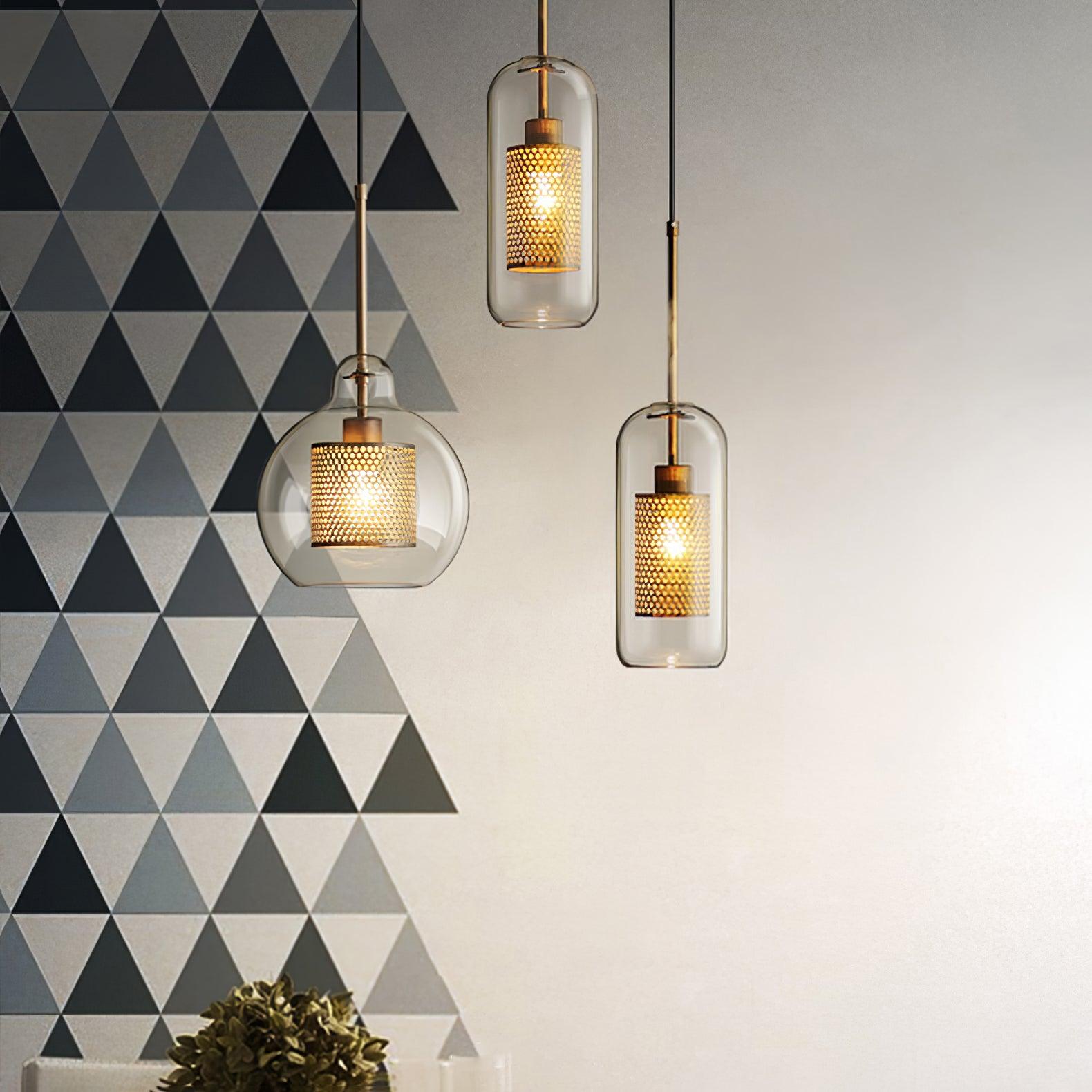 Eiruiella Pendant Lamp Glass Gold Mesh for Dining Room