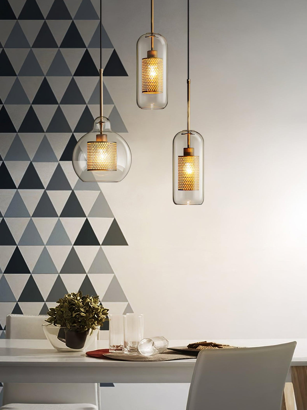 Eiruiella Pendant Lamp Glass Gold Mesh for Dining Room
