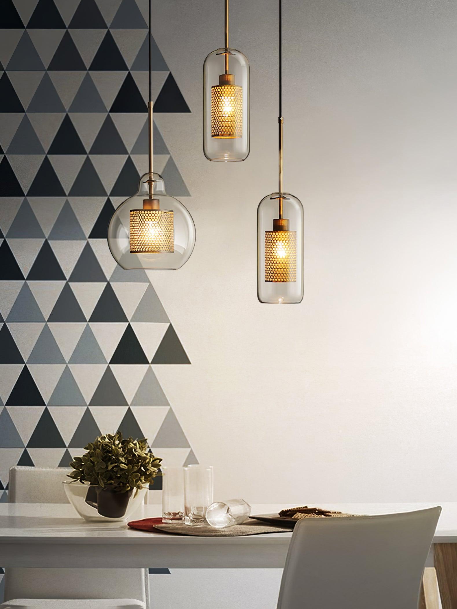 Eiruiella Pendant Lamp Glass Gold Mesh for Dining Room