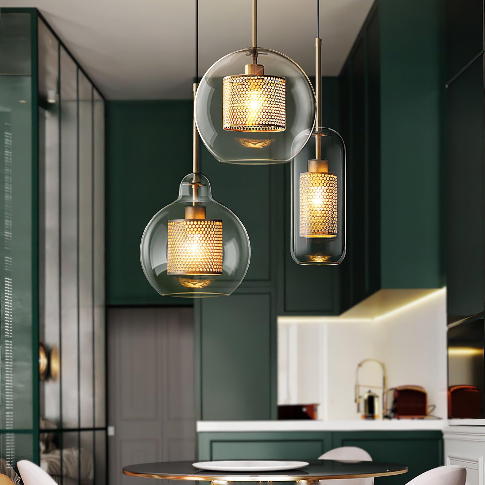 Eiruiella Pendant Lamp Glass Gold Mesh for Dining Room
