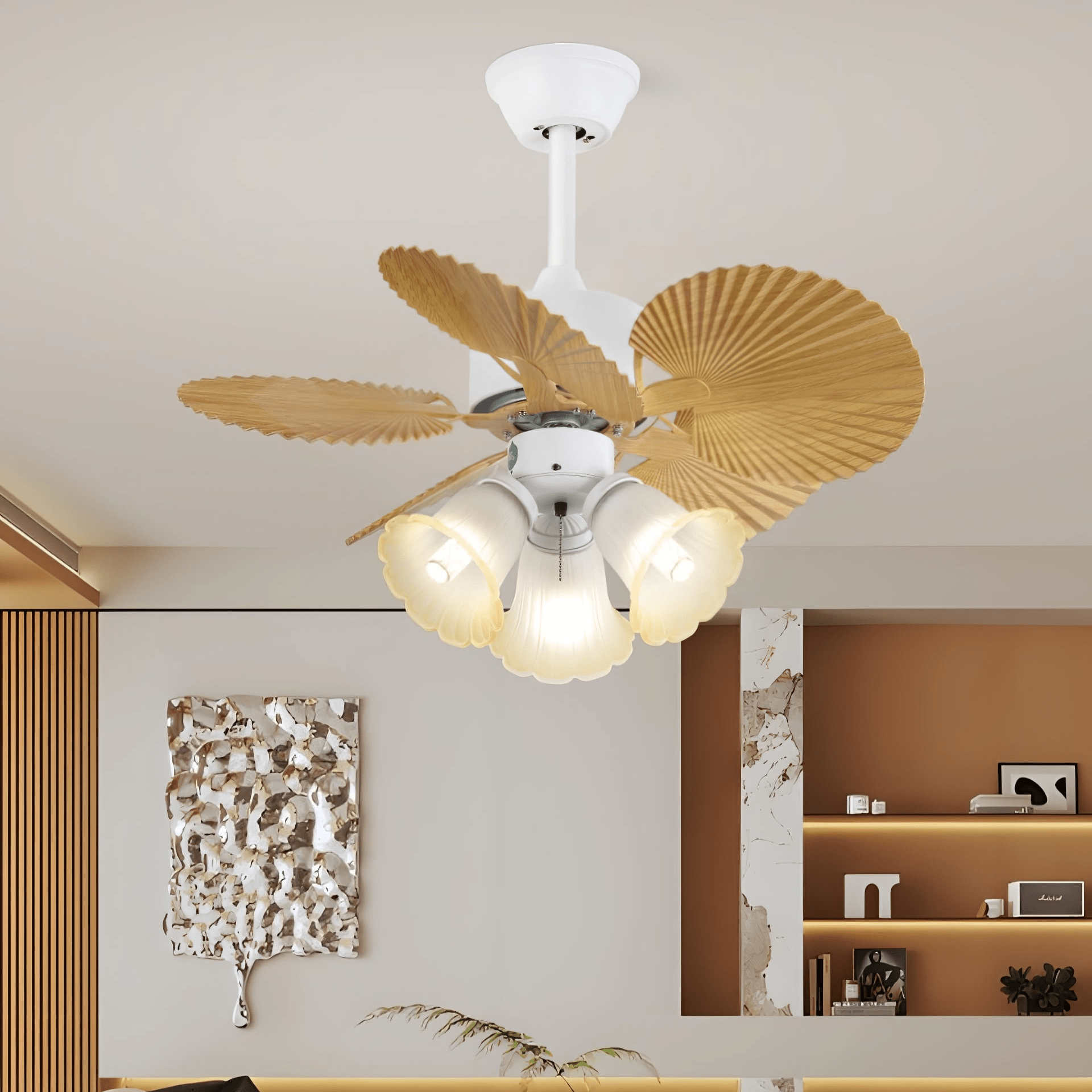 Elvoelle Vintage Wood Glass Ceiling Fan Light