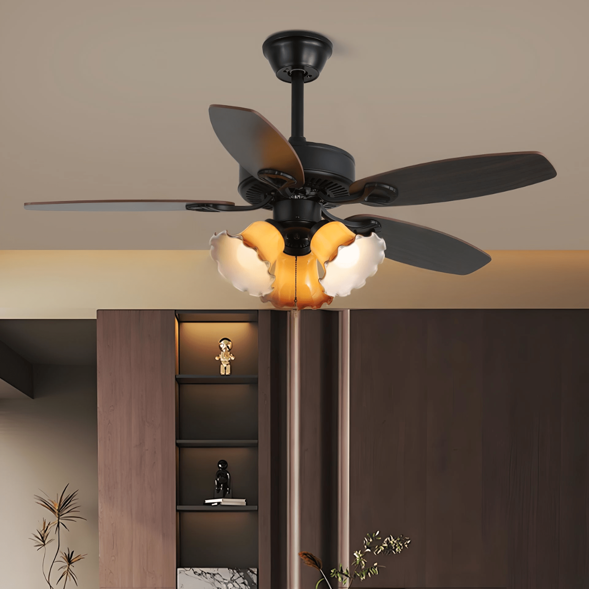 Calviera Vintage Wood Glass Ceiling Fan Light