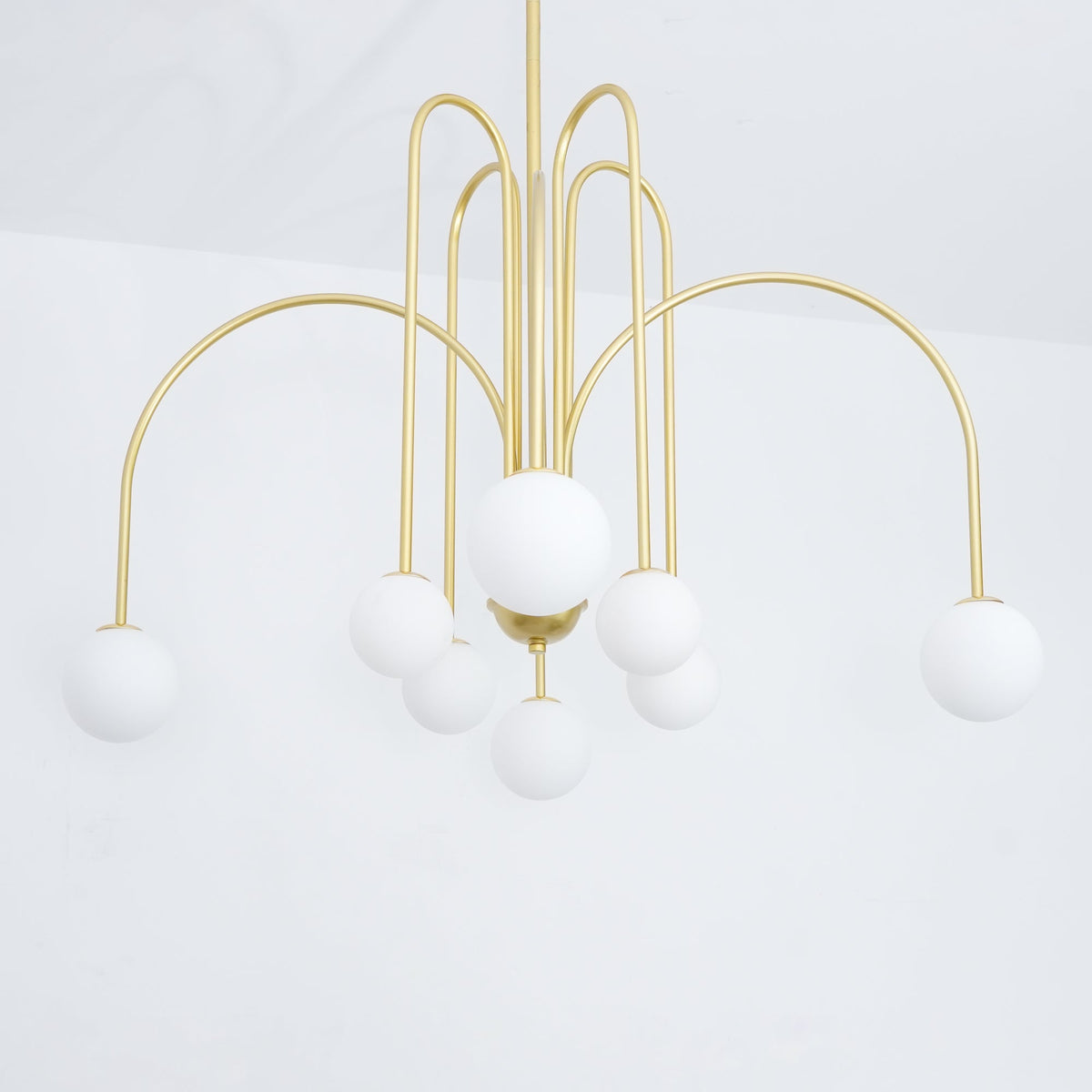 Sevi Chandelier Brass Curved Arms White Globe