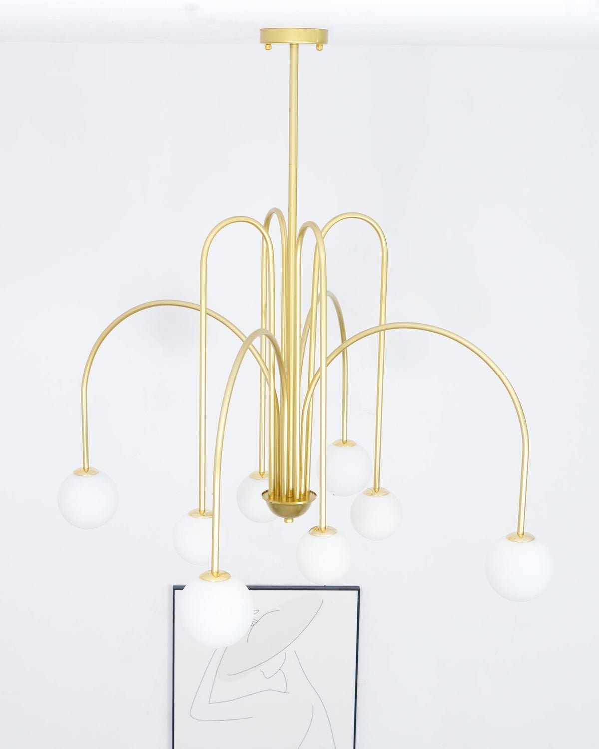 Sevi Chandelier Brass Curved Arms White Globe
