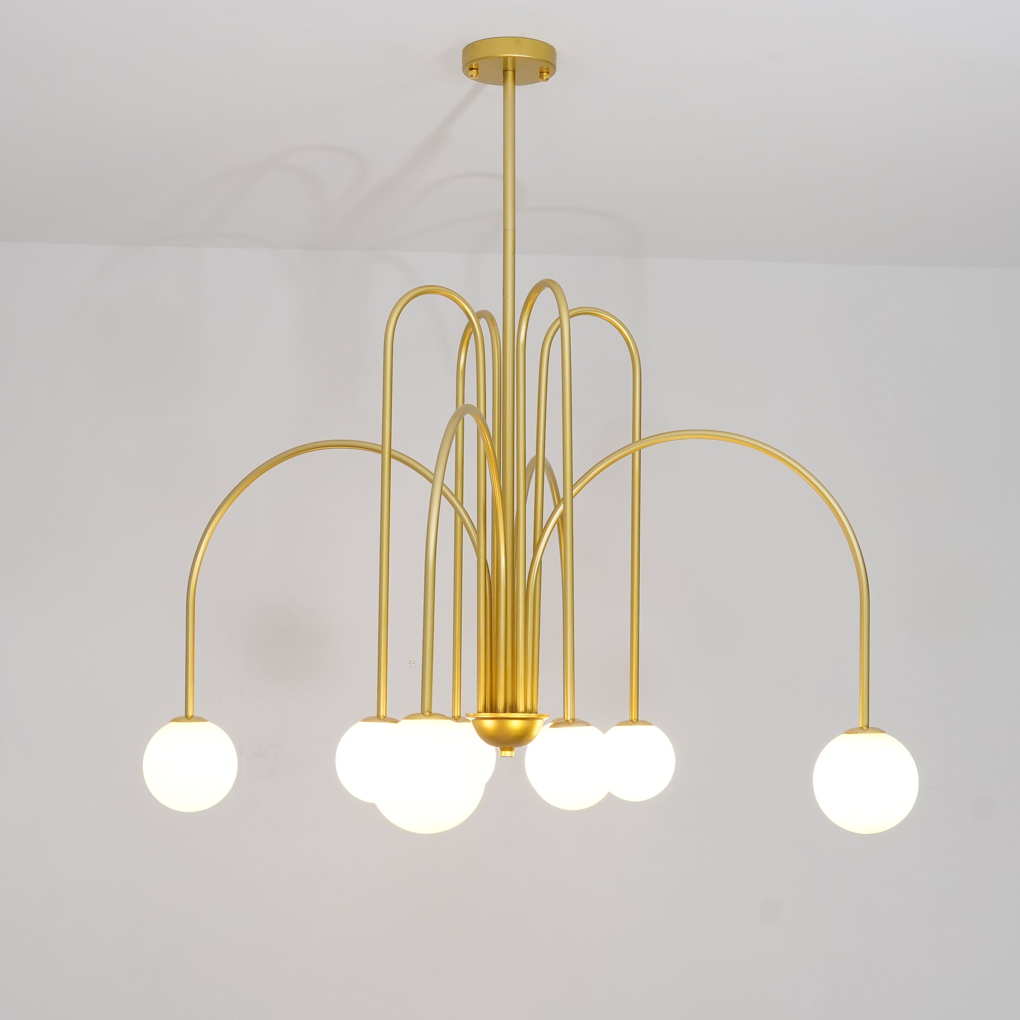 Sevi Chandelier Brass Curved Arms White Globe
