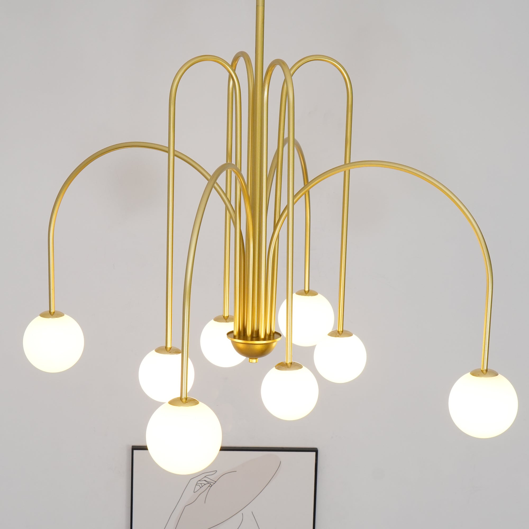 Sevi Chandelier Brass Curved Arms White Globe