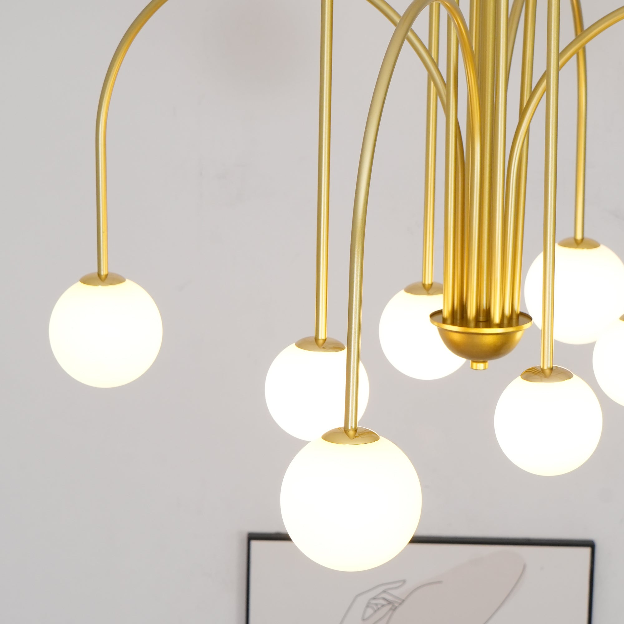 Sevi Chandelier Brass Curved Arms White Globe