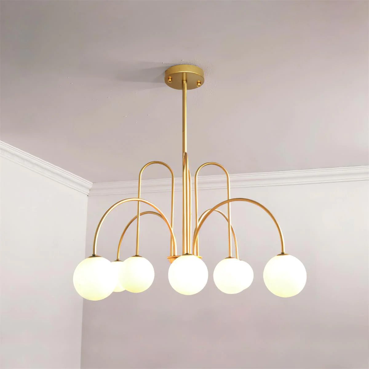 Sevi Chandelier Brass Curved Arms White Globe