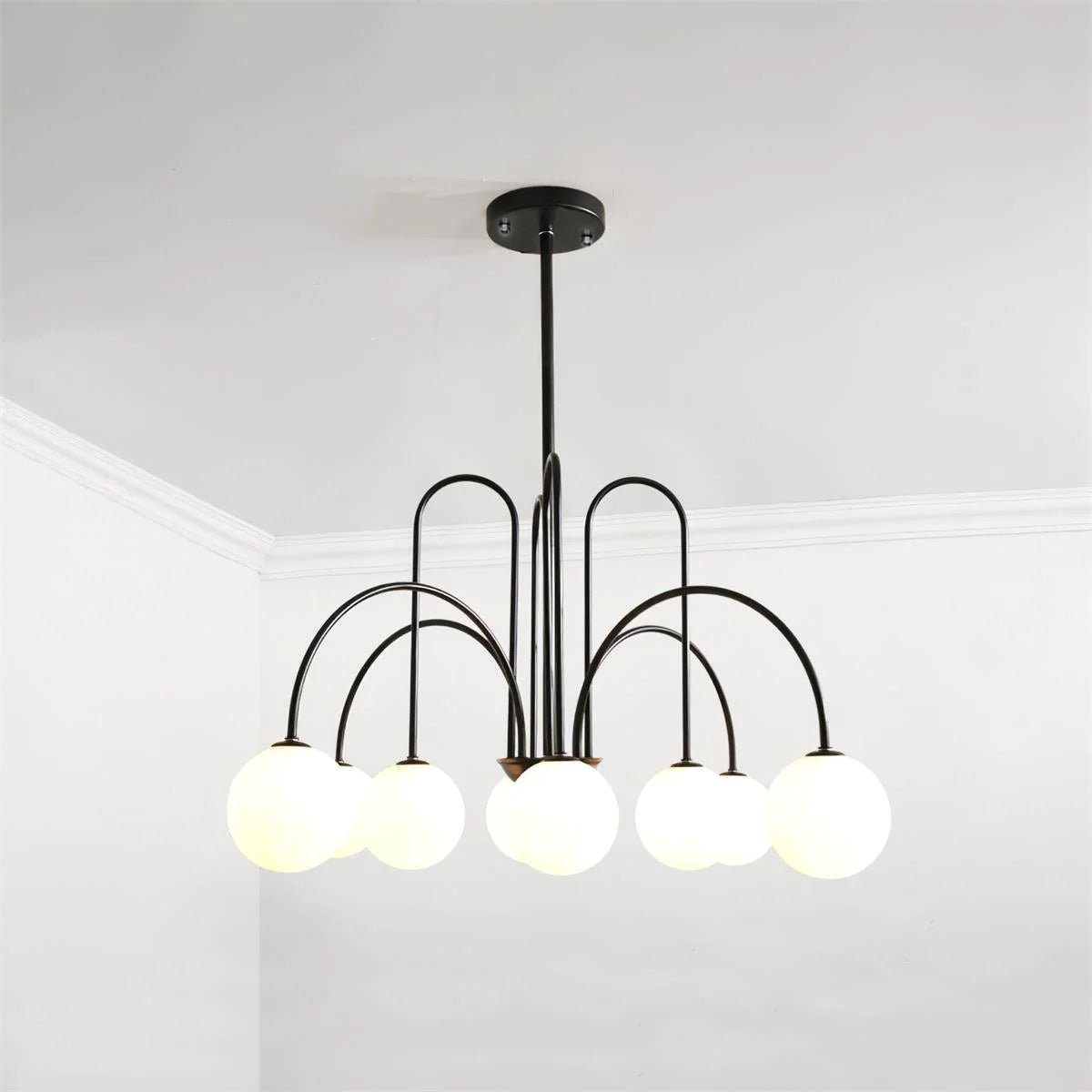Sevi Chandelier Brass Curved Arms White Globe