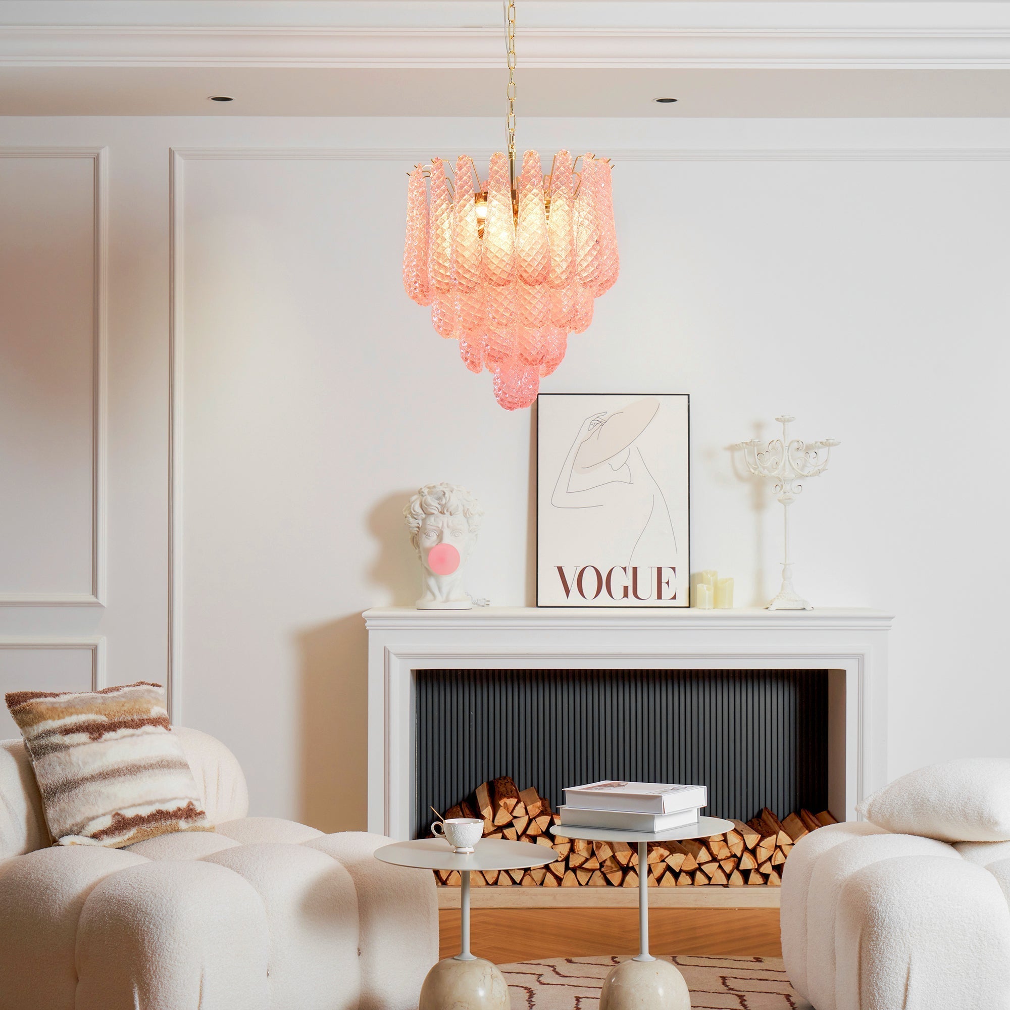 Veliena Chandelier Pink Droplet Murano Glass Diamond Pattern Waterfall