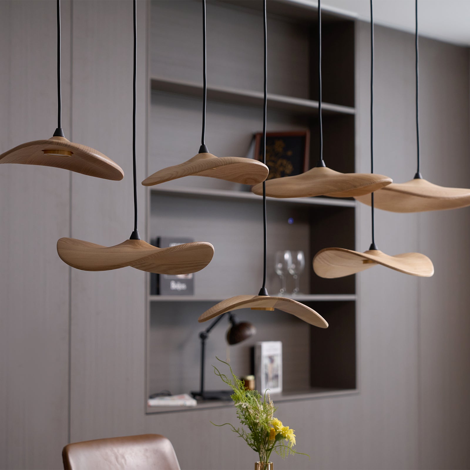 Abbott Modern Minimalist Empty Leaf Wood Chandelier