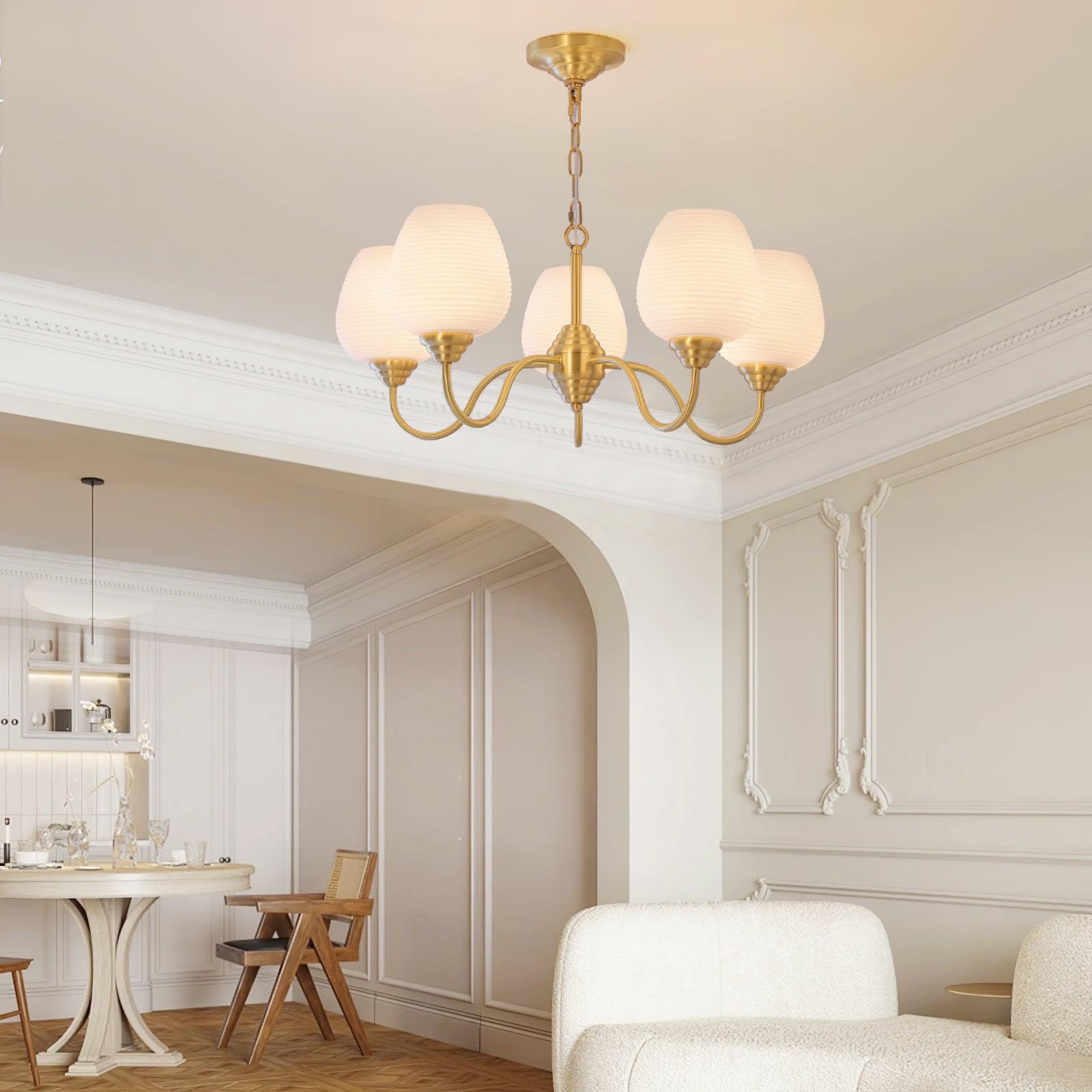Celenian Chandelier Antique Brass White Glass
