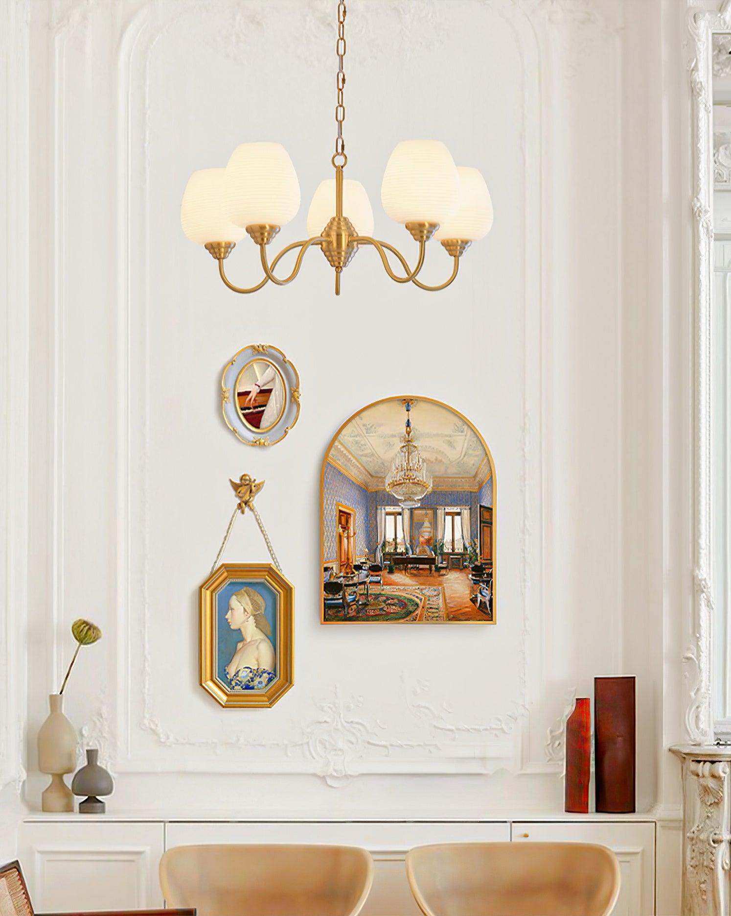 Celenian Chandelier Antique Brass White Glass