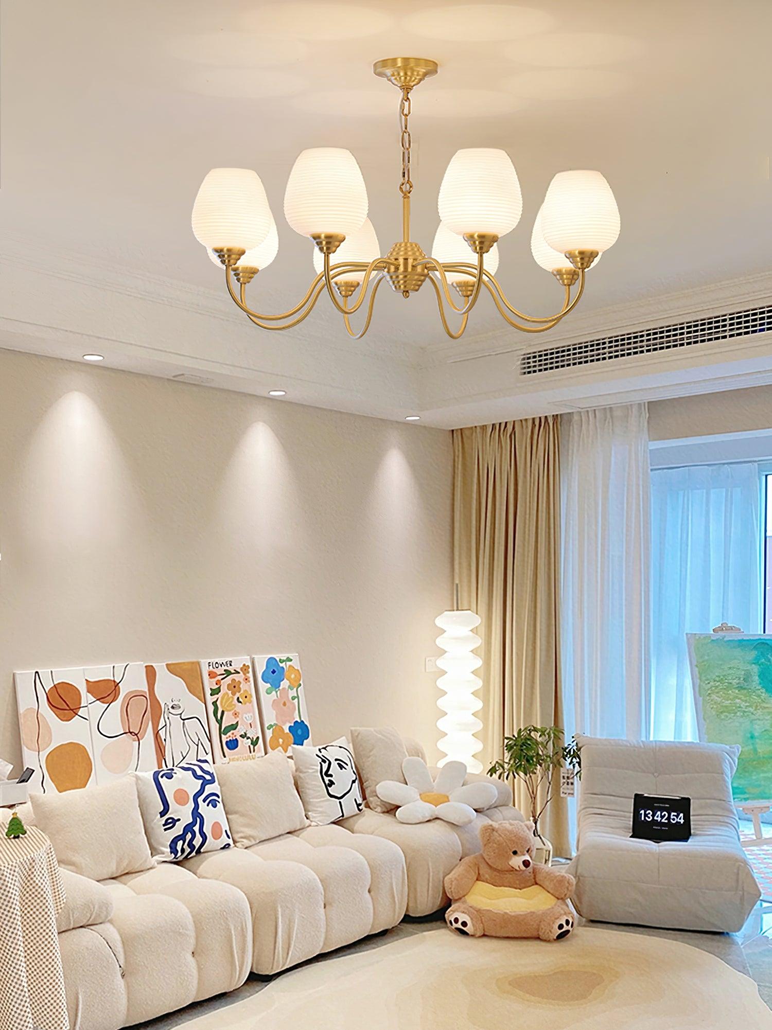 Celenian Chandelier Antique Brass White Glass