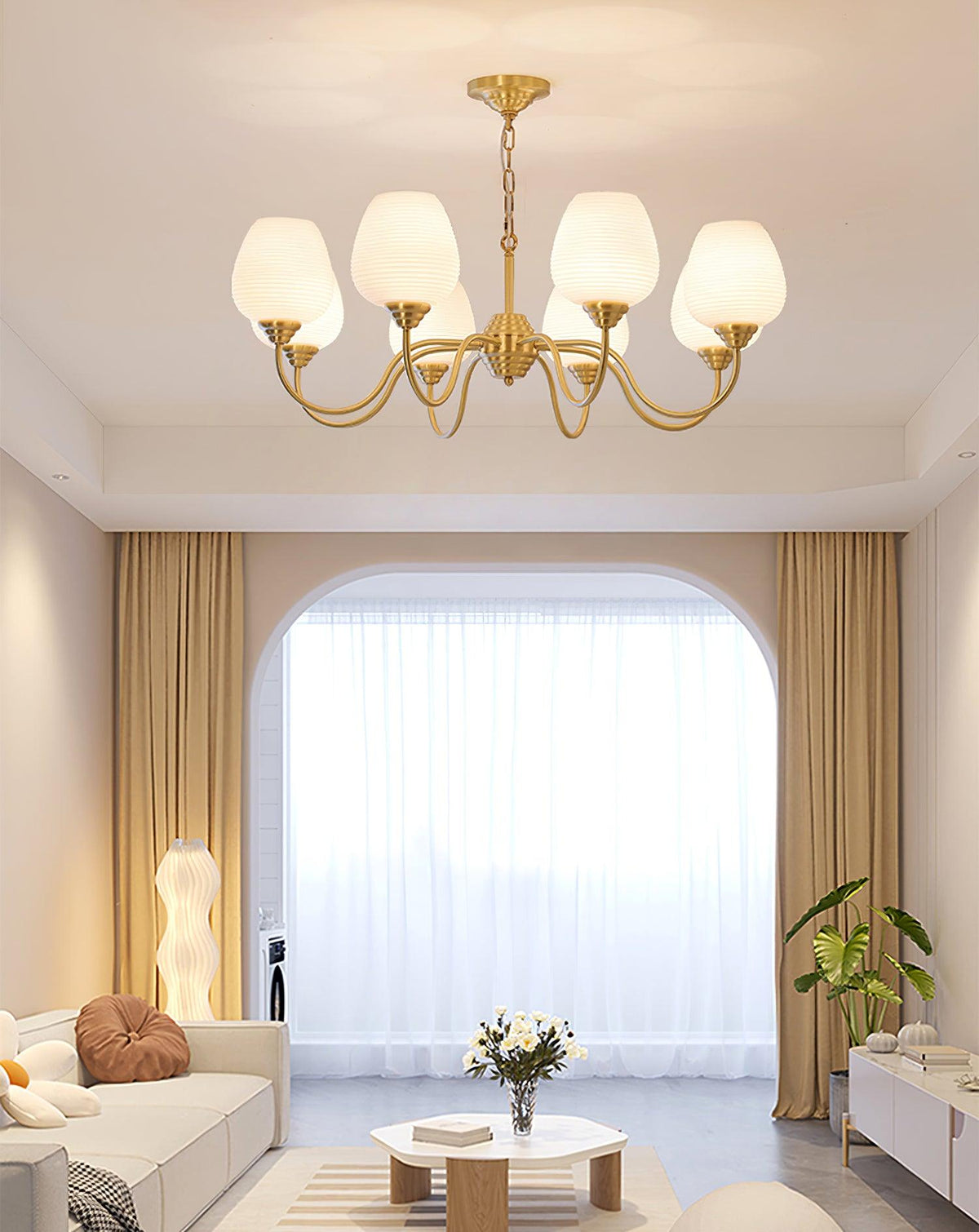Celenian Chandelier Antique Brass White Glass