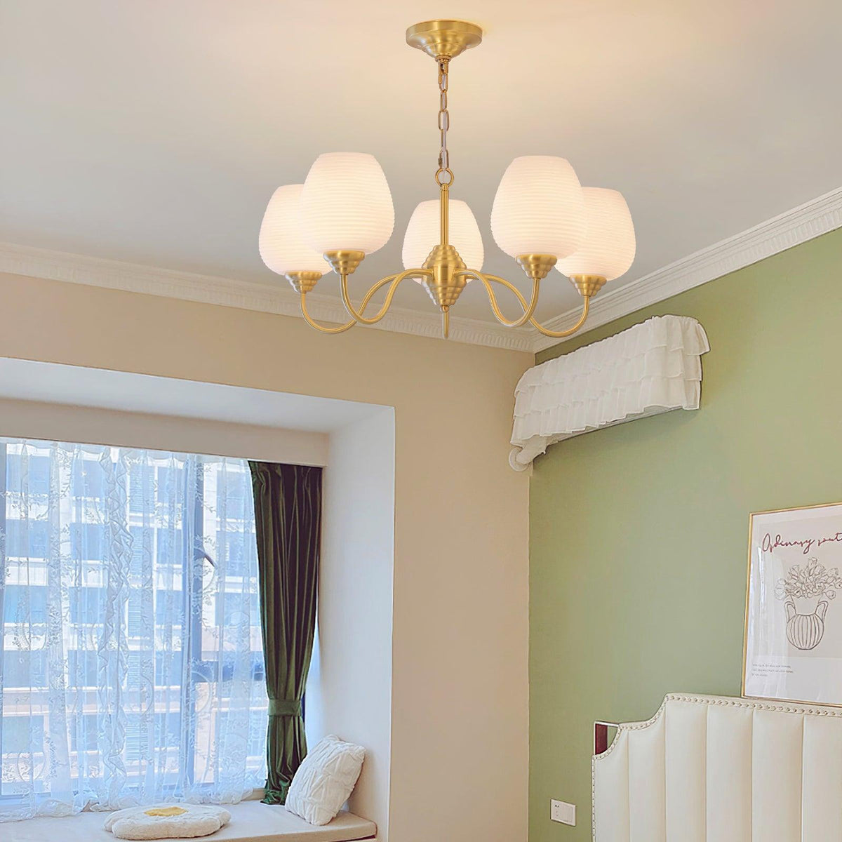 Celenian Chandelier Antique Brass White Glass