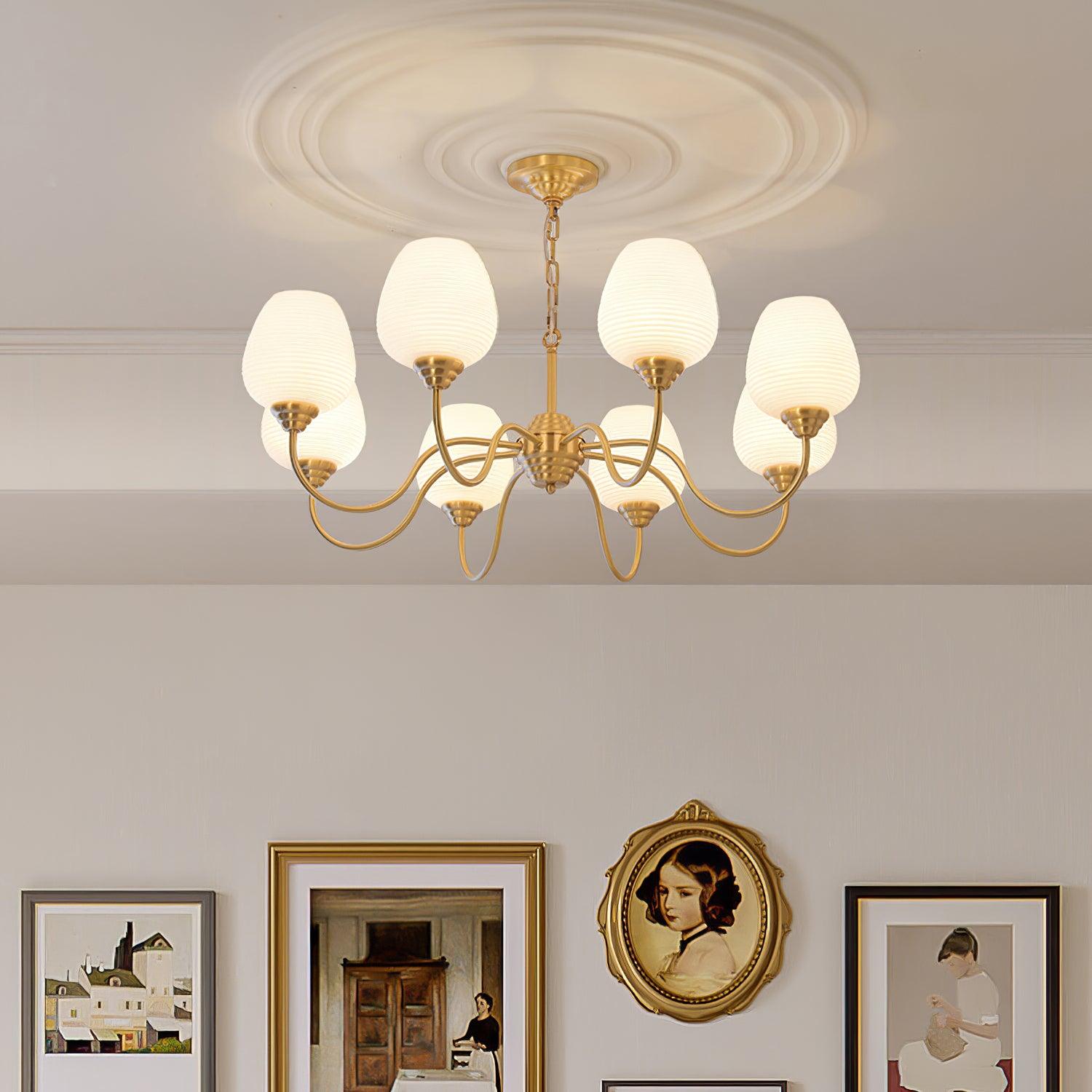 Celenian Chandelier Antique Brass White Glass