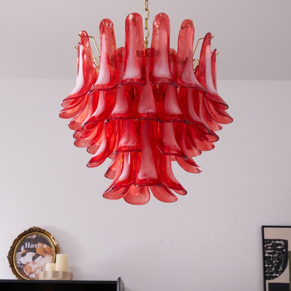 Celarine Chandelier Red Petal Glass Layered Artistic