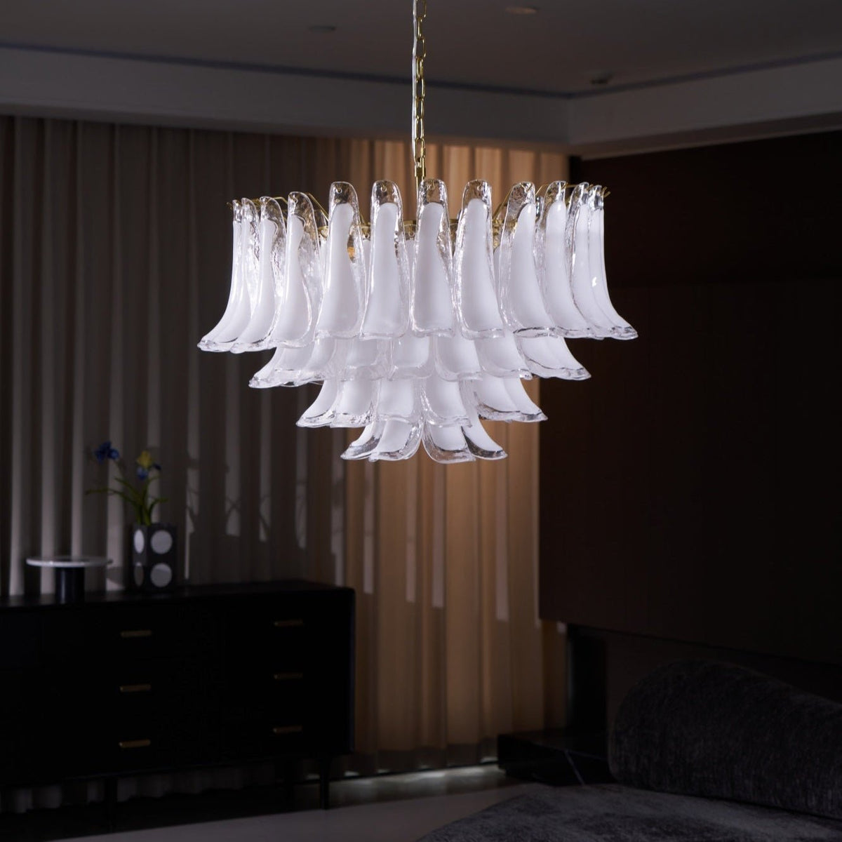Lioroaria Chandelier Pink Glass Leaf Layered Floral Glamour