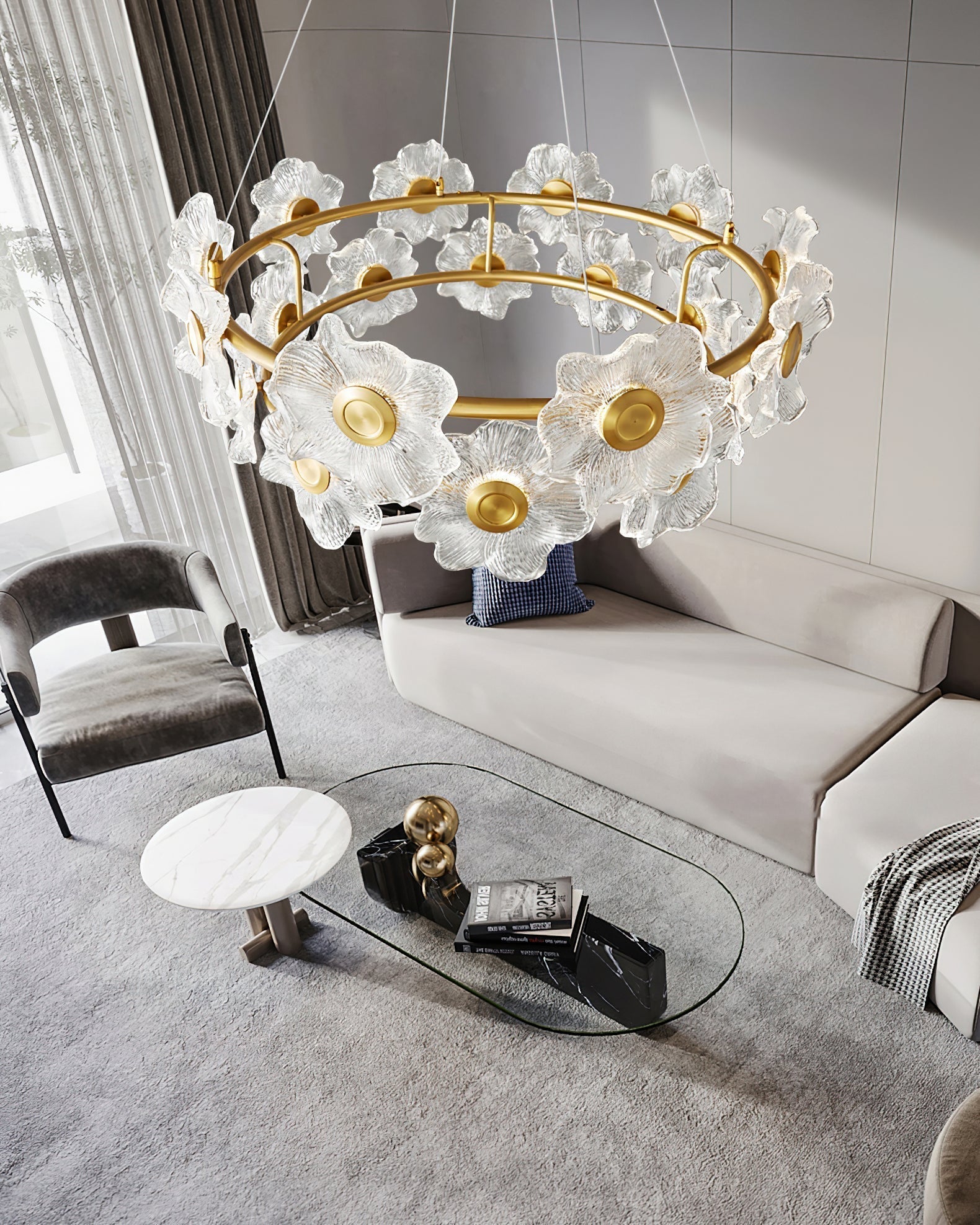Cemirel Unique Flower Brass Glass Chandelier