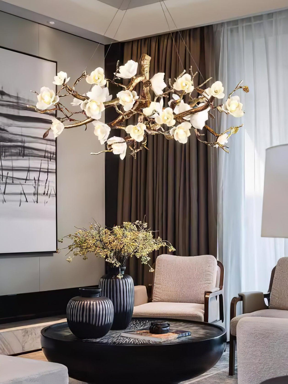 Tominex Postmodern Luxury Flower Bloom Branch Brass Ceramic Chandelier