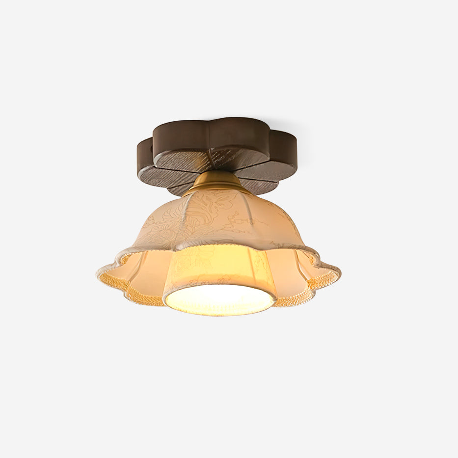 Ceiling Light Scalloped Fabric Shade Walnut Wood Canopy Vintage - Neutral Decor