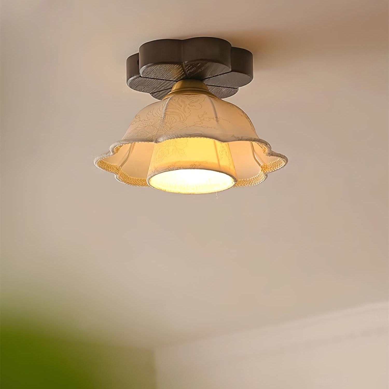 Ceiling Light Scalloped Fabric Shade Walnut Wood Canopy Vintage - Neutral Decor