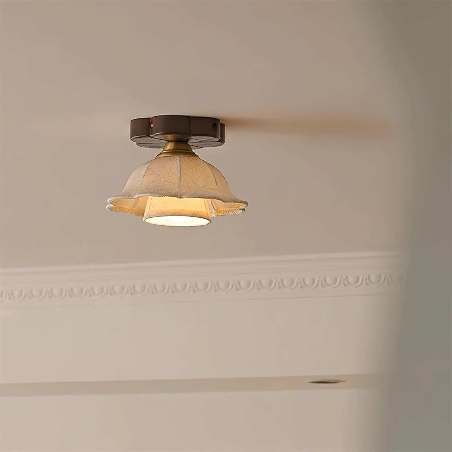 Ceiling Light Scalloped Fabric Shade Walnut Wood Canopy Vintage - Neutral Decor