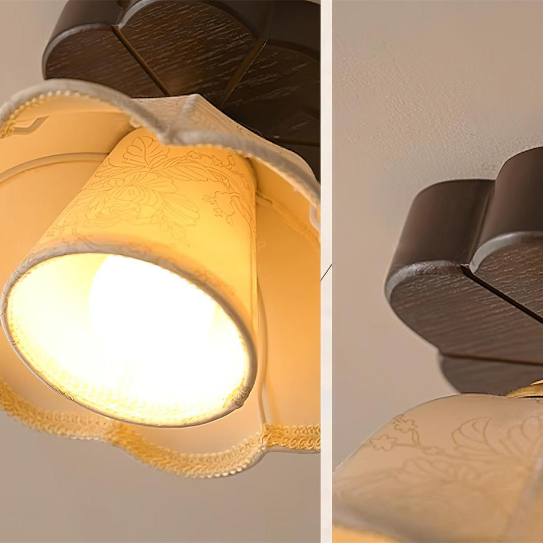 Ceiling Light Scalloped Fabric Shade Walnut Wood Canopy Vintage - Neutral Decor
