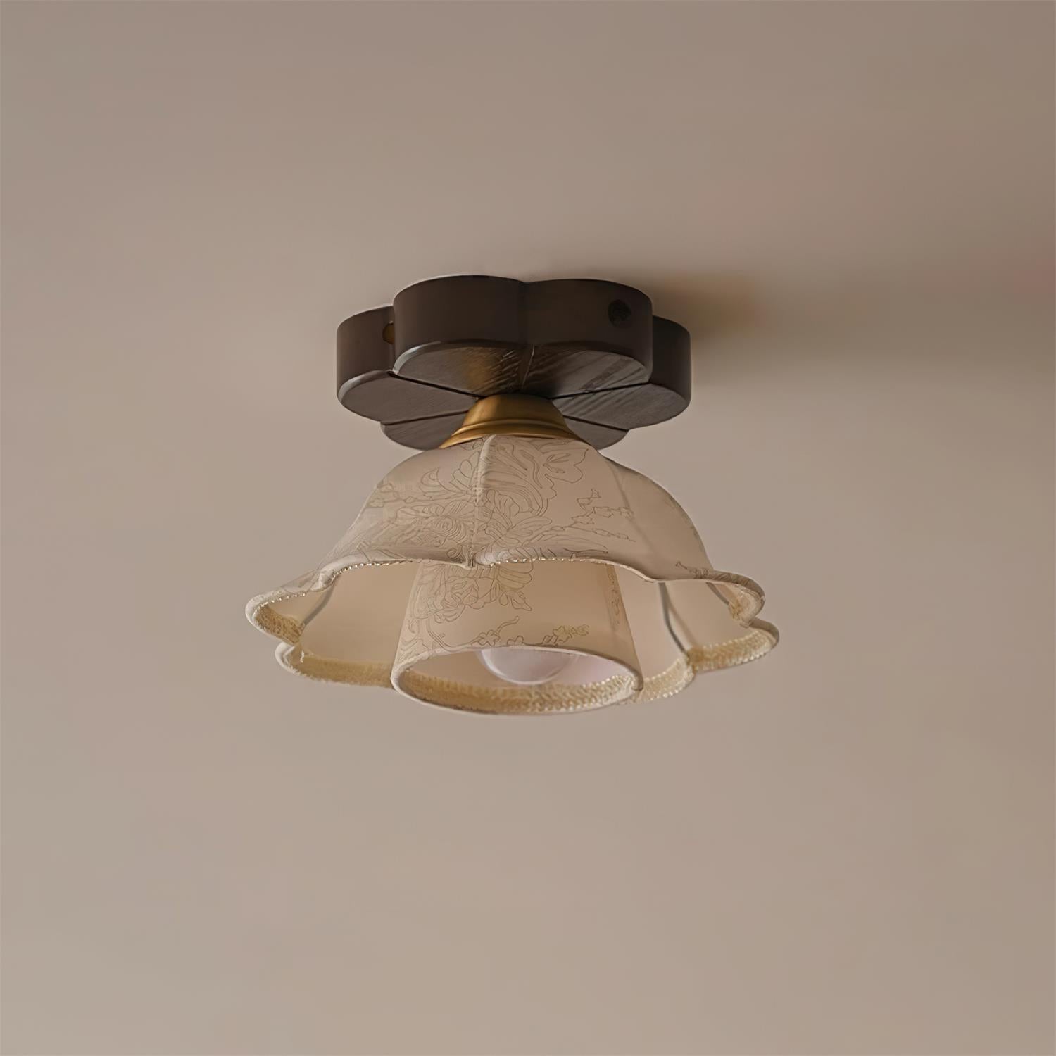 Ceiling Light Scalloped Fabric Shade Walnut Wood Canopy Vintage - Neutral Decor