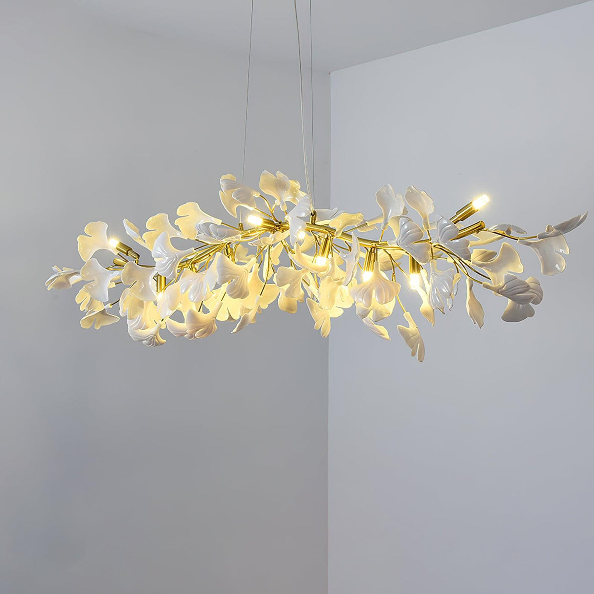 Dylo Chandelier Brass Linear Ginkgo Ceramic Petal Branch