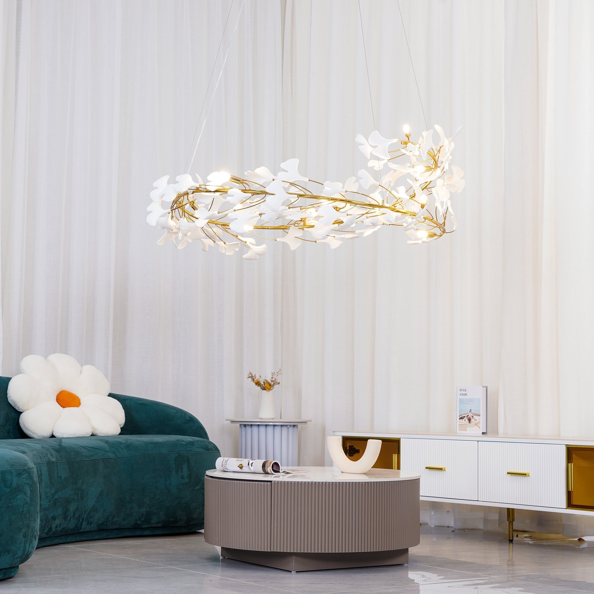 Umberis Pendant Lamp Gingko Porcelain Leaves Gold