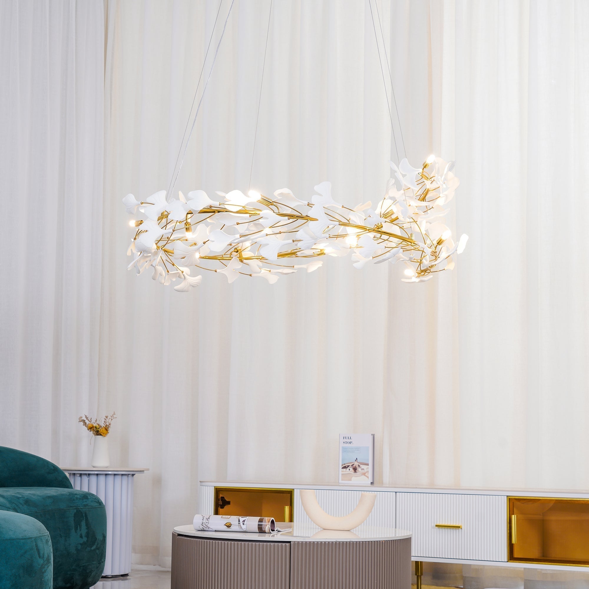 Umberis Pendant Lamp Gingko Porcelain Leaves Gold