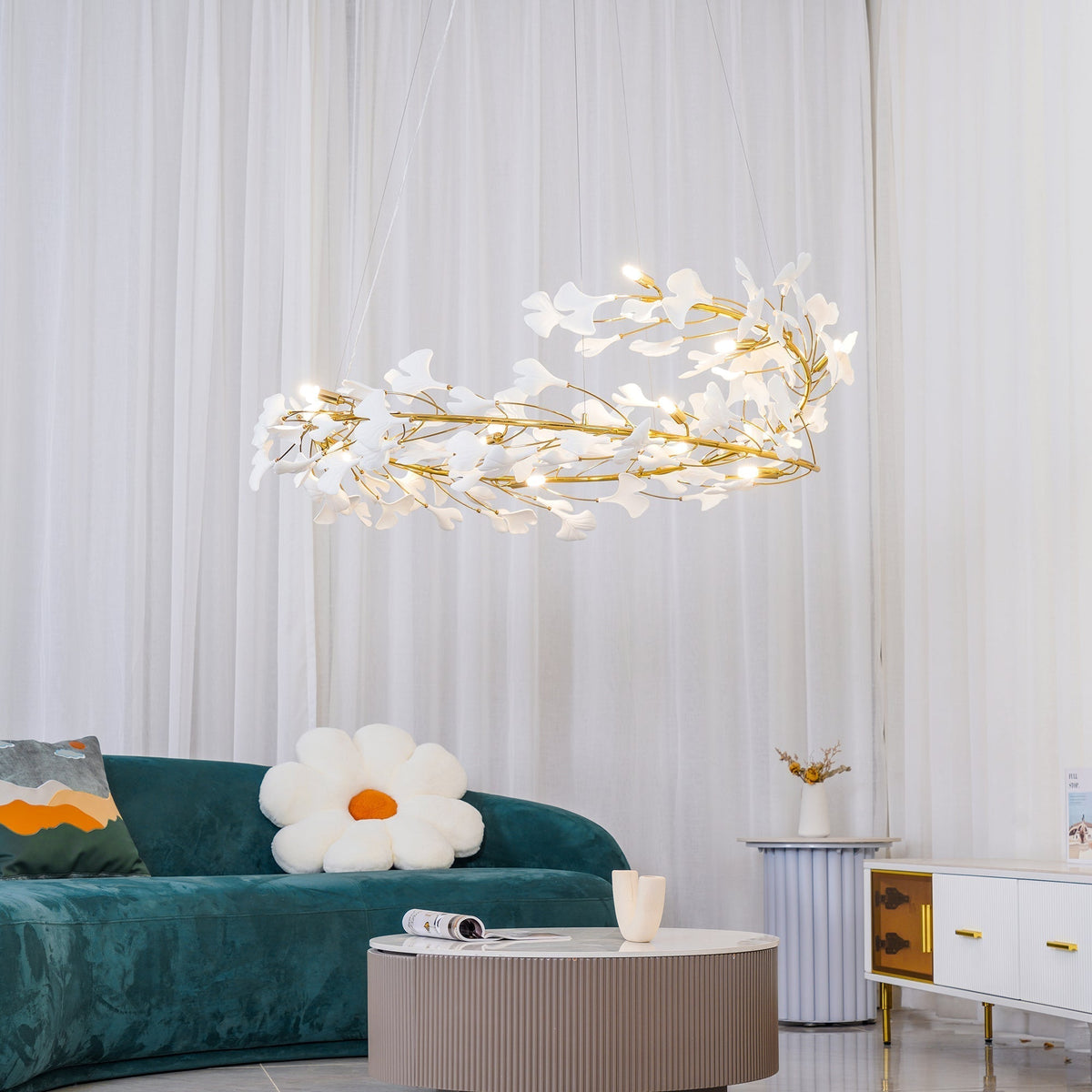 Umberis Pendant Lamp Gingko Porcelain Leaves Gold