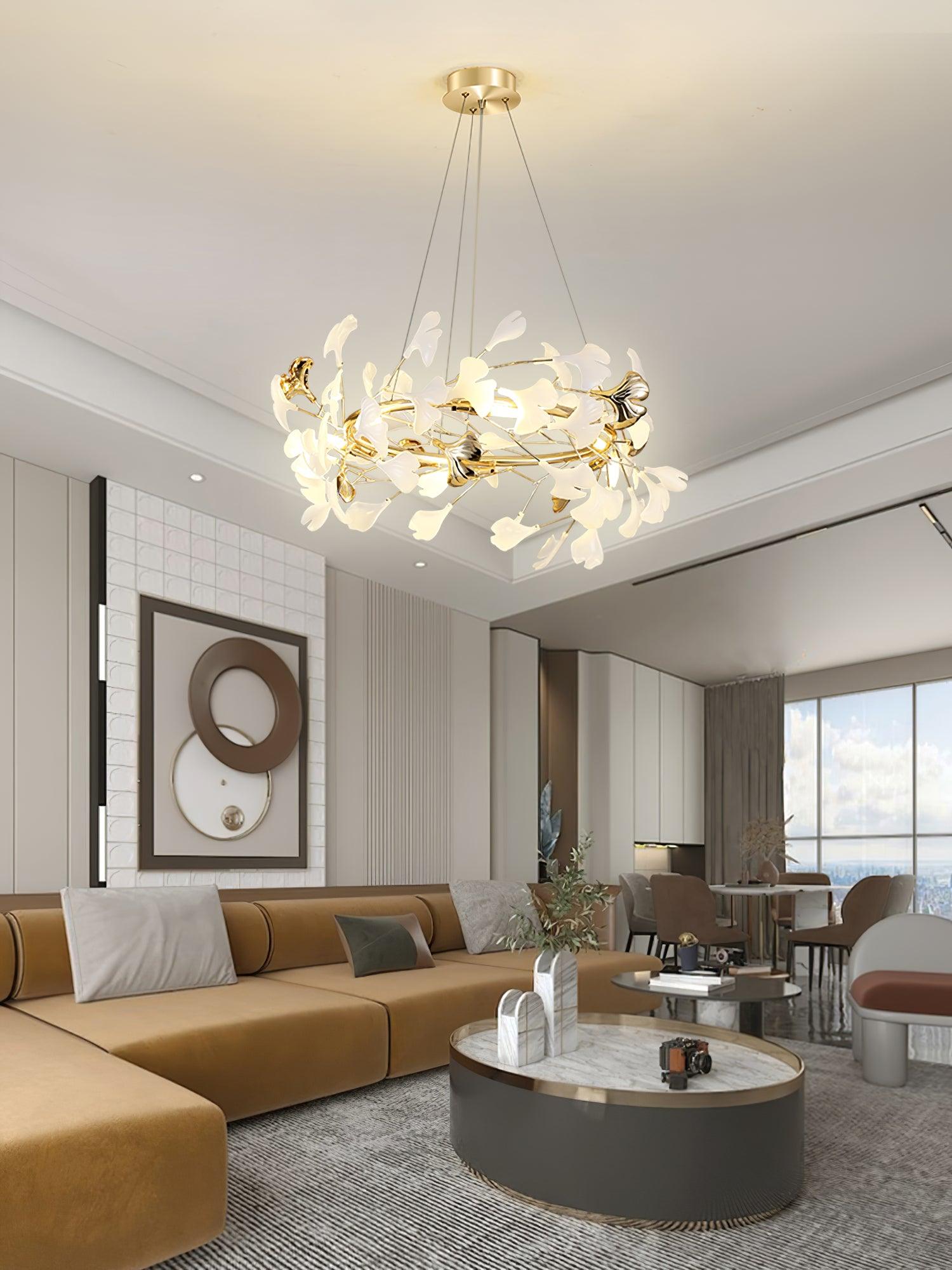 Umberis Pendant Lamp Gingko Porcelain Leaves Gold