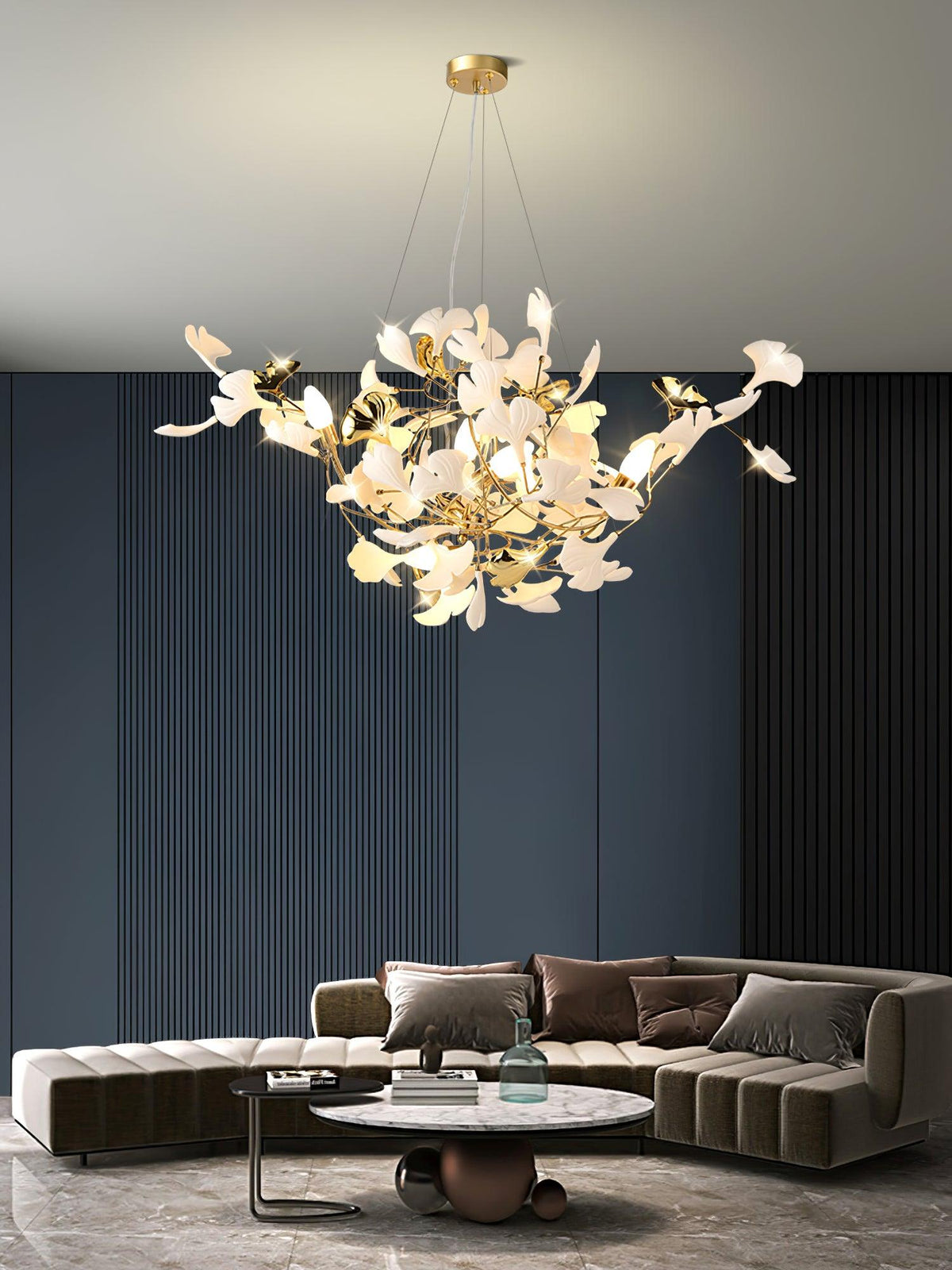 Veveno Chandelier Gingko S Ceramic Petals Brass