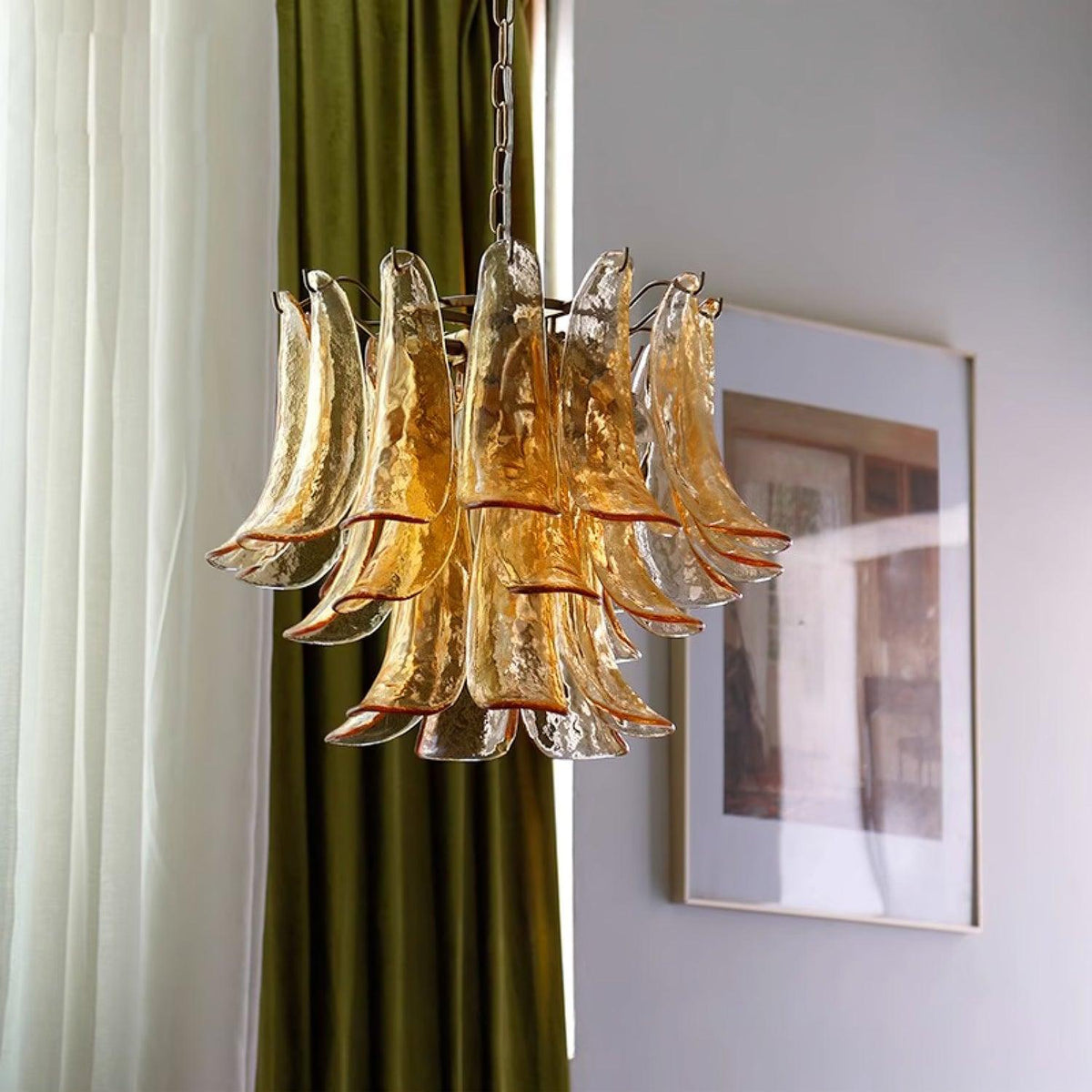Elvess Chandelier Murano Glass Leaf Golden
