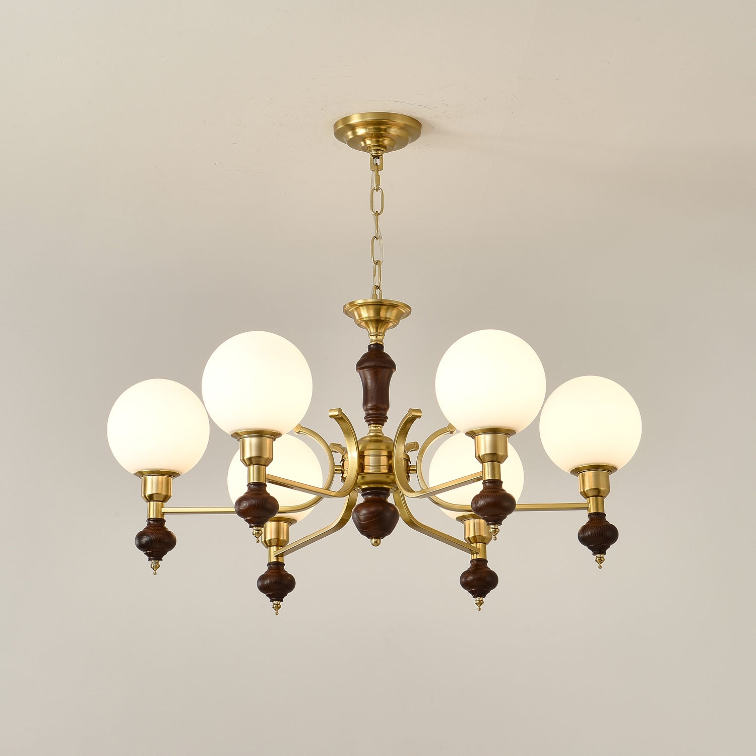 Nesvin Chandelier Wood & Brass Globe Orb