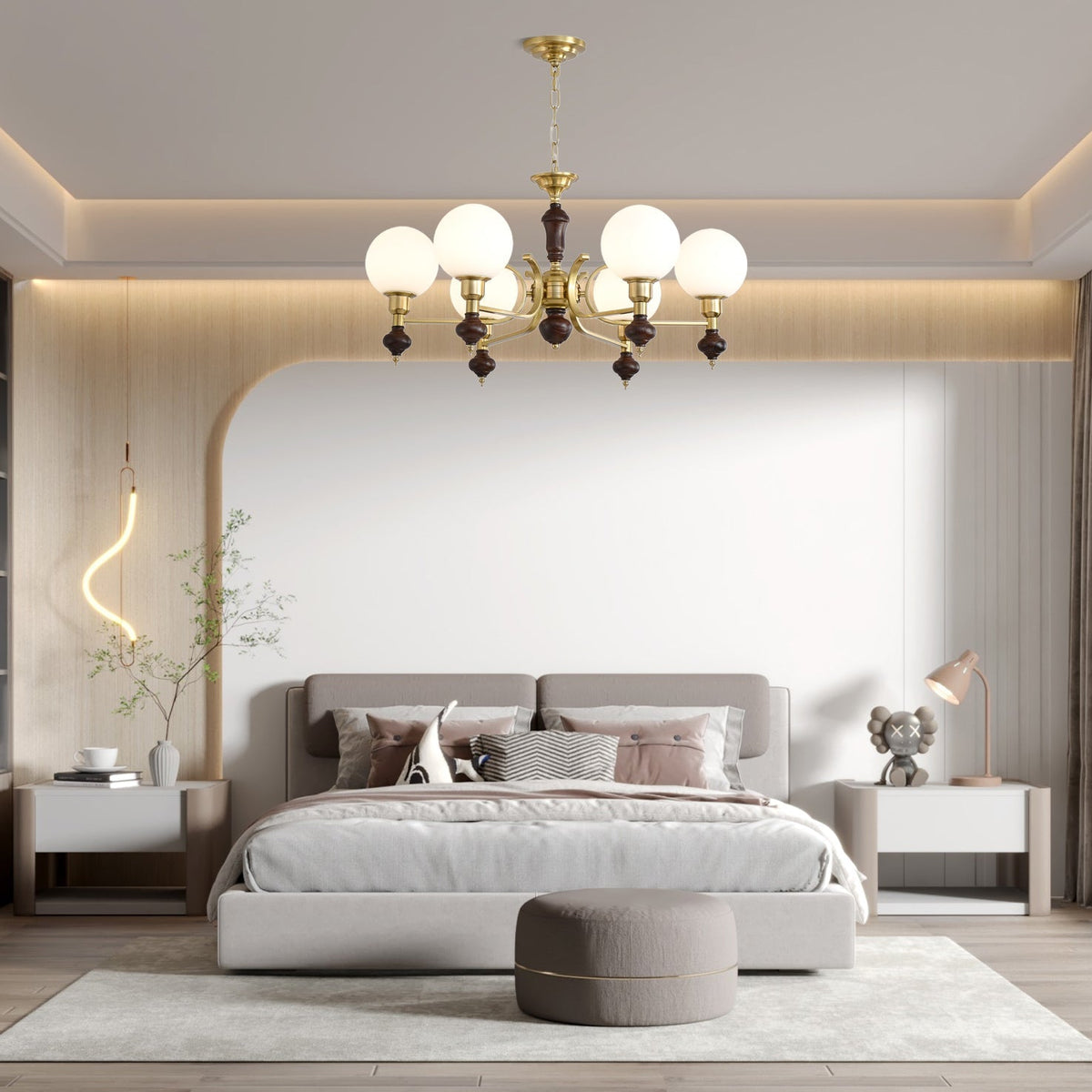 Nesvin Chandelier Wood & Brass Globe Orb